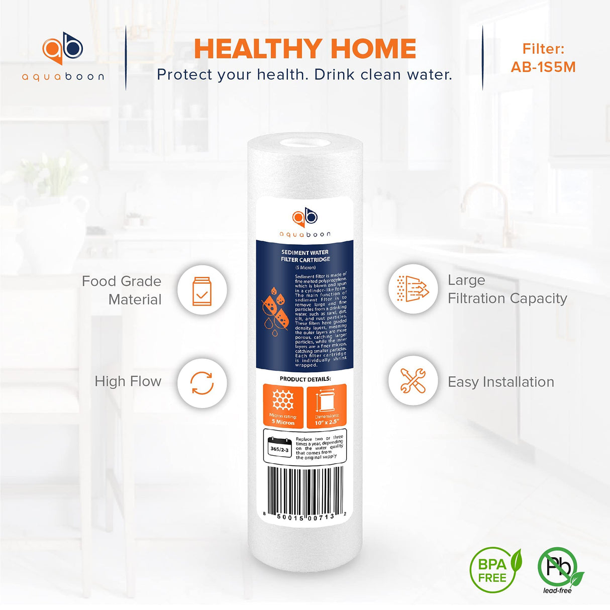 Aquaboon 5 Micron 10 x 2.5 Sediment Filter - Whole House Water Filter Replacement Compatible with Well Water Filters - P5, AP110, WHKF-GD05, 4 Pack