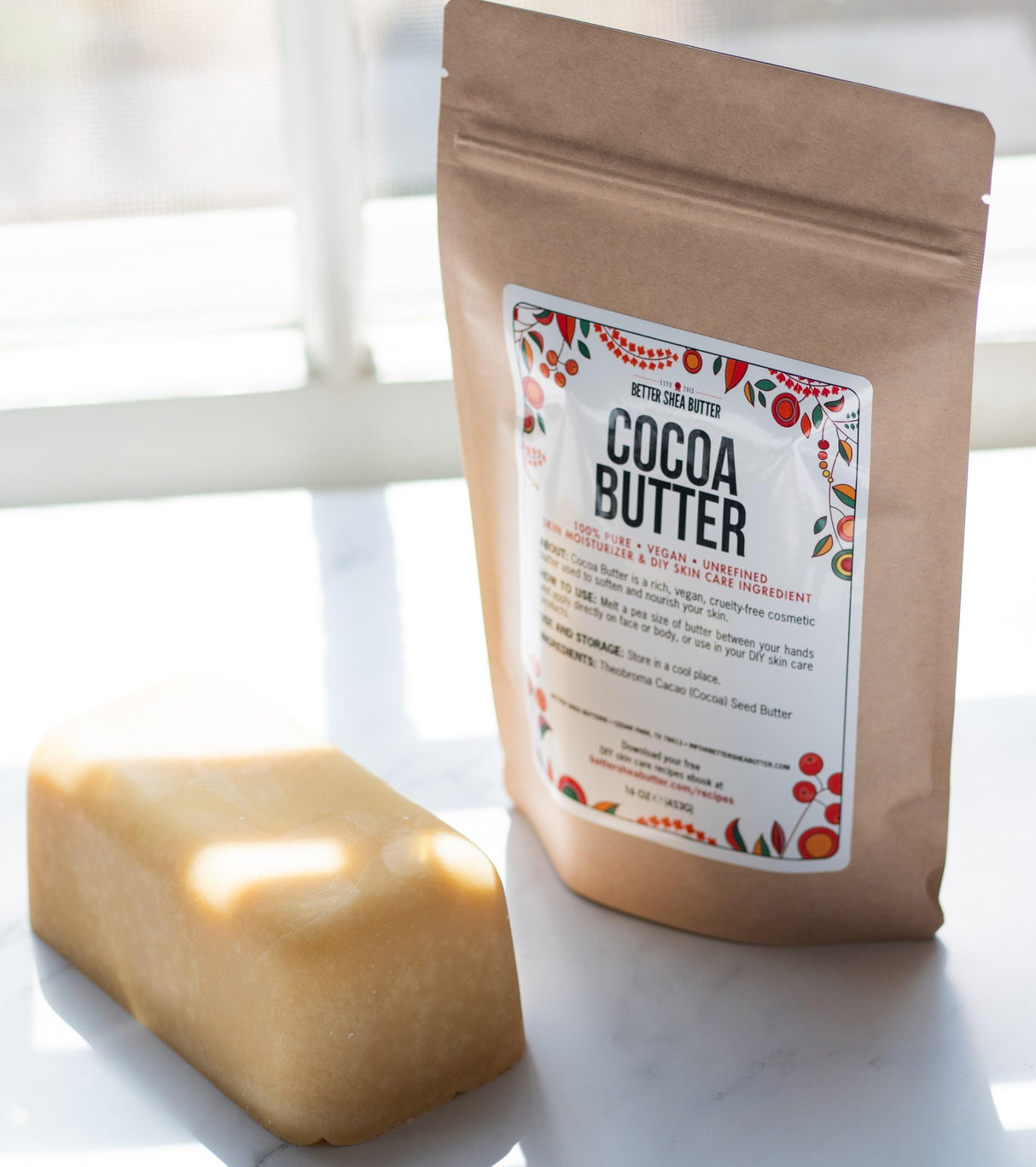 Better Shea Butter Raw Cocoa Butter - Unrefined, 100% Pure, Food Grade - Use for Cocoa Lip Balm, Stretch Marks Cream, Cacao Butter Cream, Scars Oil, Whipped Lotion - Skin & Hair Moisturizer 1LB Block
