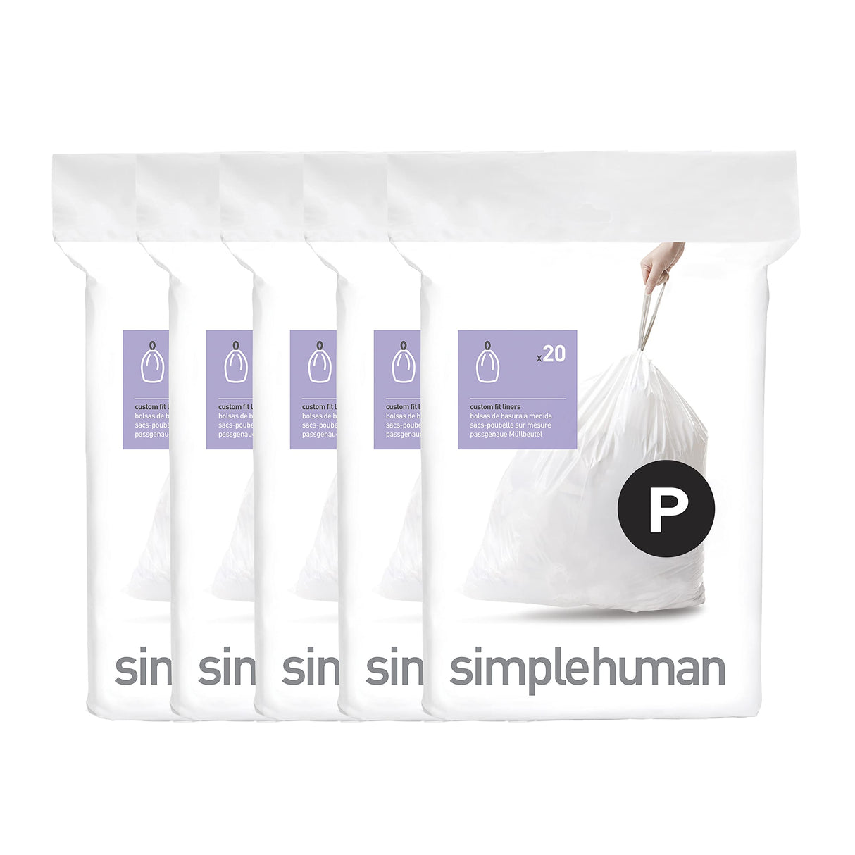 simplehuman Code P 100 Count, Dispenser Pack Custom Fit Liners, Drawstring Trash Bags, 50-60 Liter / 13-16 Gallon, White