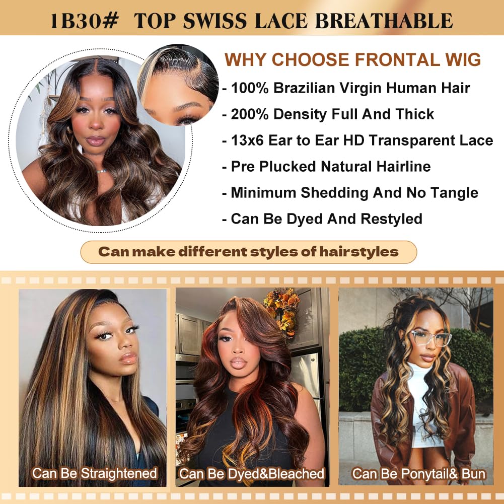 28 Inch Honey Blonde Ombre Lace Front Wig Human Hair 200 Density 13X6 Highlight Body Wave Lace Front Wig Human Hair Pre Plucked With Baby Hair Glueless HD Lace Frontal Wig for Women T1B/30 Colored Wig