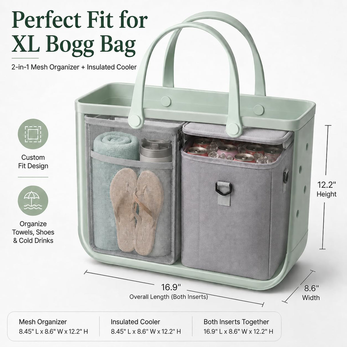 2-in-1 Cooler Organizer Insert Compatible with X Large Bogg Bag, No More Mess & Leaks, Beach & Pool Organizer for Travel & Picnic, Leak-Proof PEVA Insulated Cooler with Mesh Divider