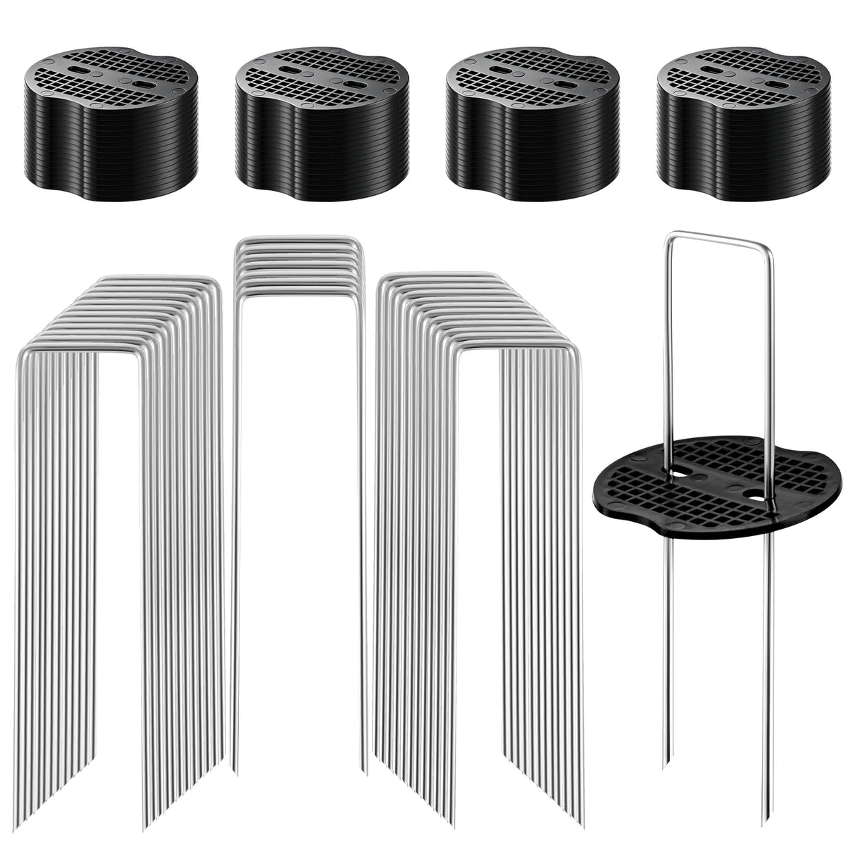 200Pcs Garden Stakes Staples Kit, 100Pcs 6 Inch U-Shaped Landscape Staples, 100Pcs Fixing Gasket for Weed Barrier Fabric, Ground Cover, Holding Fence and Artificial Turf