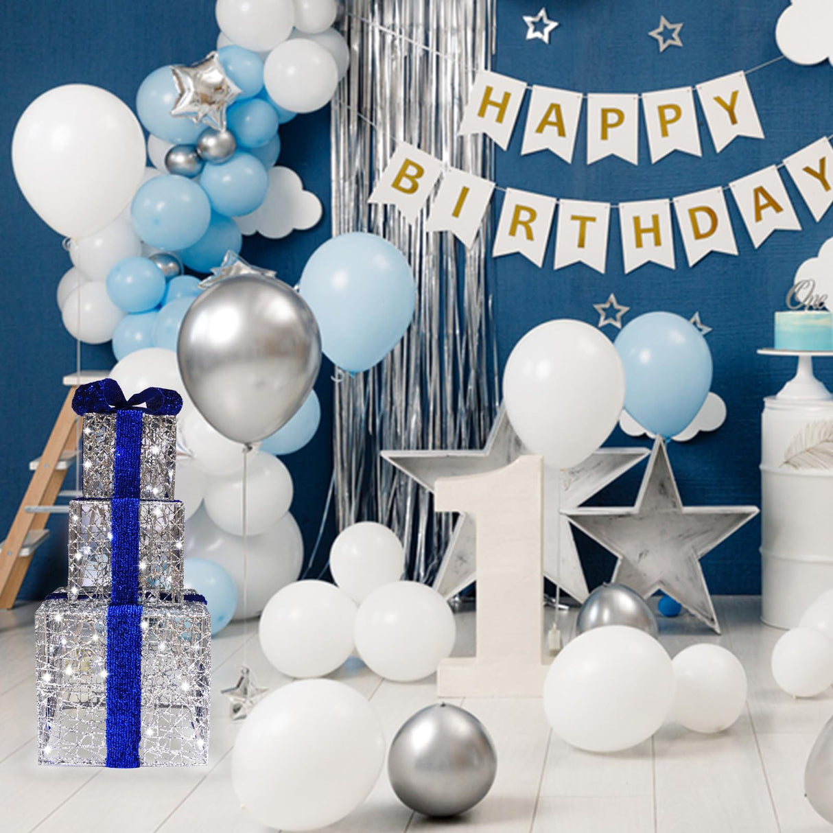 Lighted Gift Boxes Set of 3, Silver Boxes with Bow, Prelit 60 White Lights Present Box Lighted Display with Plug for Home Porch Outdoor Yard Christmas Decorations-Blue