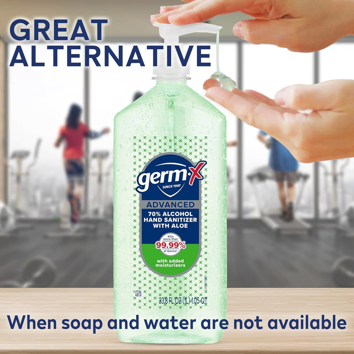 Germ-X Advanced Hand Sanitizer with Aloe and Vitamin E, 1 Liter (Pack of 4), Less Drying Moisturizing Gel, No Rinse Formula, Pump Bottle