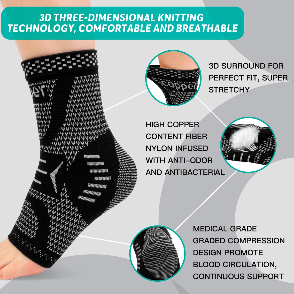 INDEEMAX Ankle Brace for Sprained Ankle Compression Sleeve, Copper Infused Ankle Support Brace for Women & Men, Plantar Fasciitis Relief Achilles Tendonitis, Sports Running, Silver Black, L