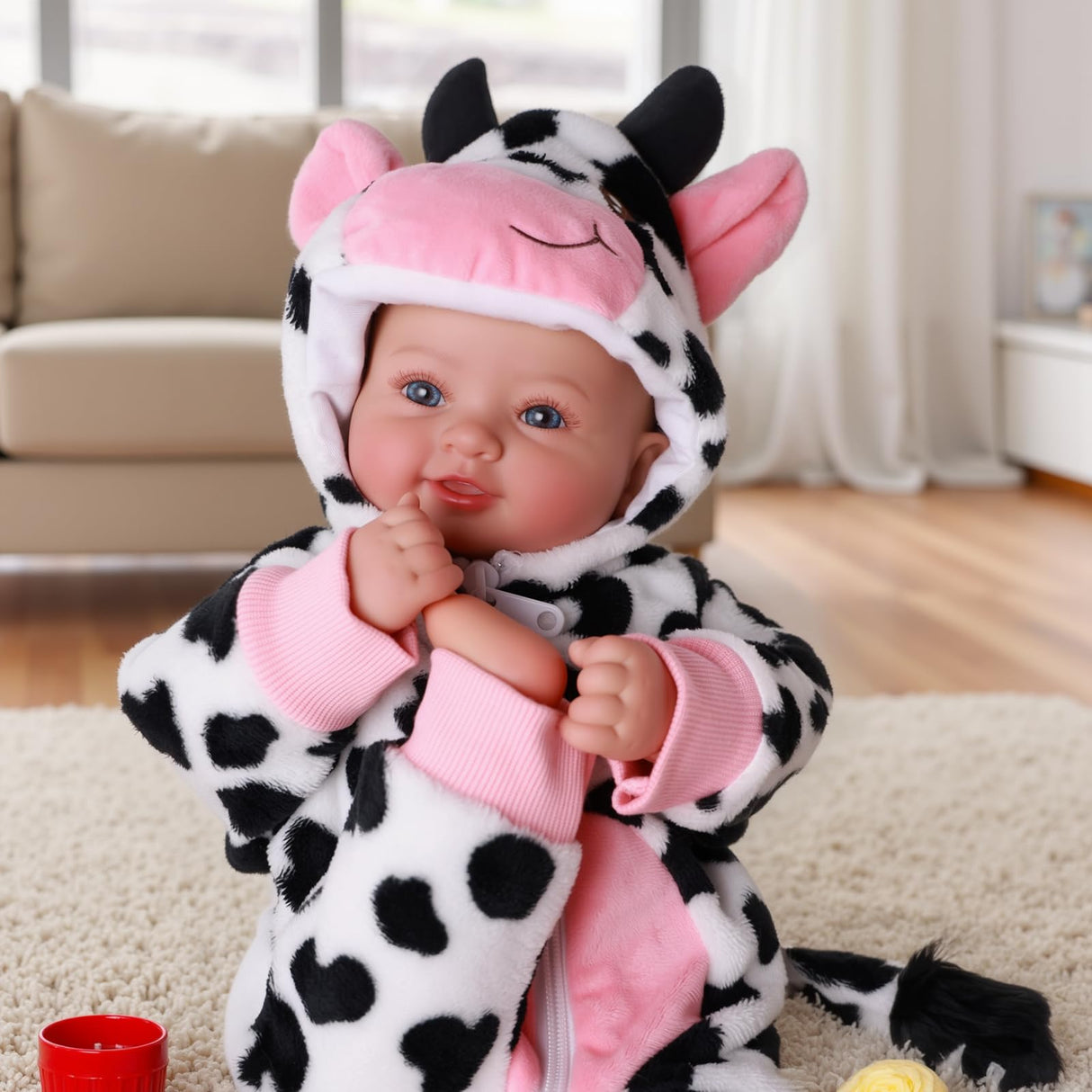 BABESIDE Baby Doll Girl - 17-Inch Soft Body Realistic Baby Doll with Blue Eyes and Cow Outfit Real Life Baby Dolls for 3 4 5 6 7 8 9 Years Girl Birthday Gifts, Pretend Play, Christmas & Collection
