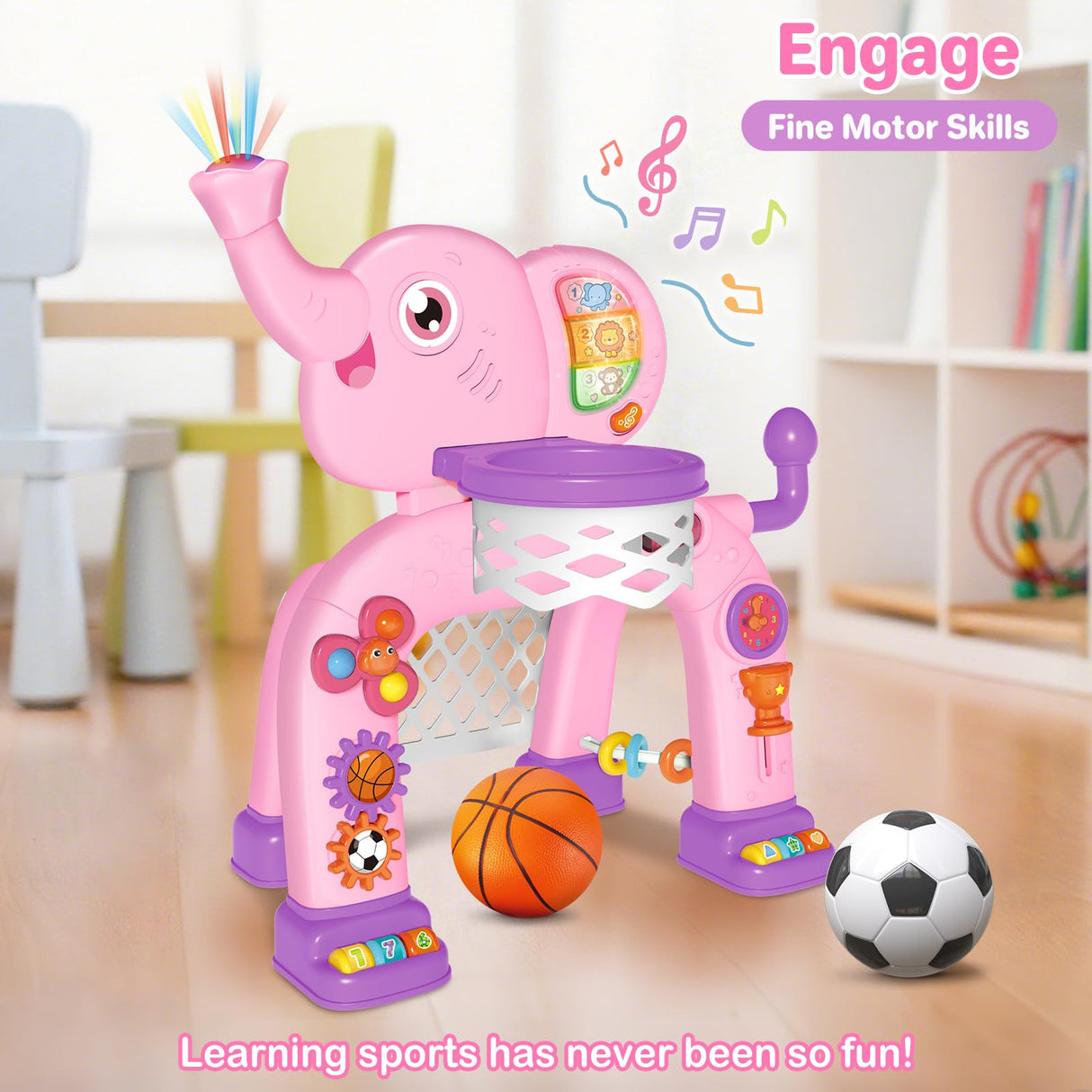 Shemira Toddler Basketball Hoop & Soccer Goal Activity Center Toys with Light & Music,Elephant Toddlers Musical Toys Gift, Baby & Toddlers Christmas Birthday Gift for 1 2 3 Year Old Boys & Girls