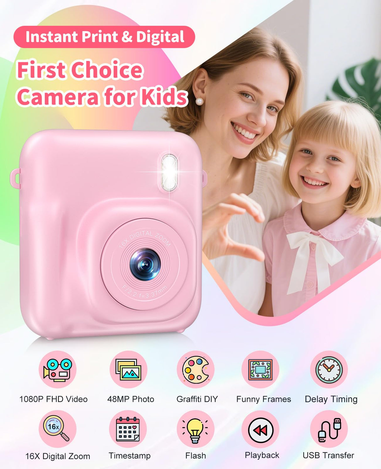 Digital Camera for Kids Instant Print, 48MP Dual-Lens Kids Camera for Girls Boys Christmas Birthday Gifts, 1080P Video Selfie Instant Cameras, Portable Toddler for 4-12 Years with 32GB Card-Pink