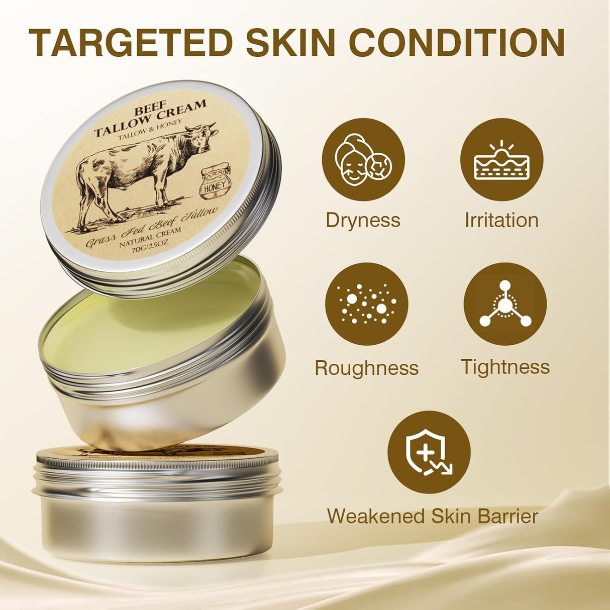 MROUVIK Beef Tallow for Skin, Tallow and Honey Cream,Tallow Face Moisturizer, Natural Grass-Fed Beef Tallow Balm with Raw Honey Moisturizing Cream for Body Lotion Skin Care for Skin (2.47 Oz)