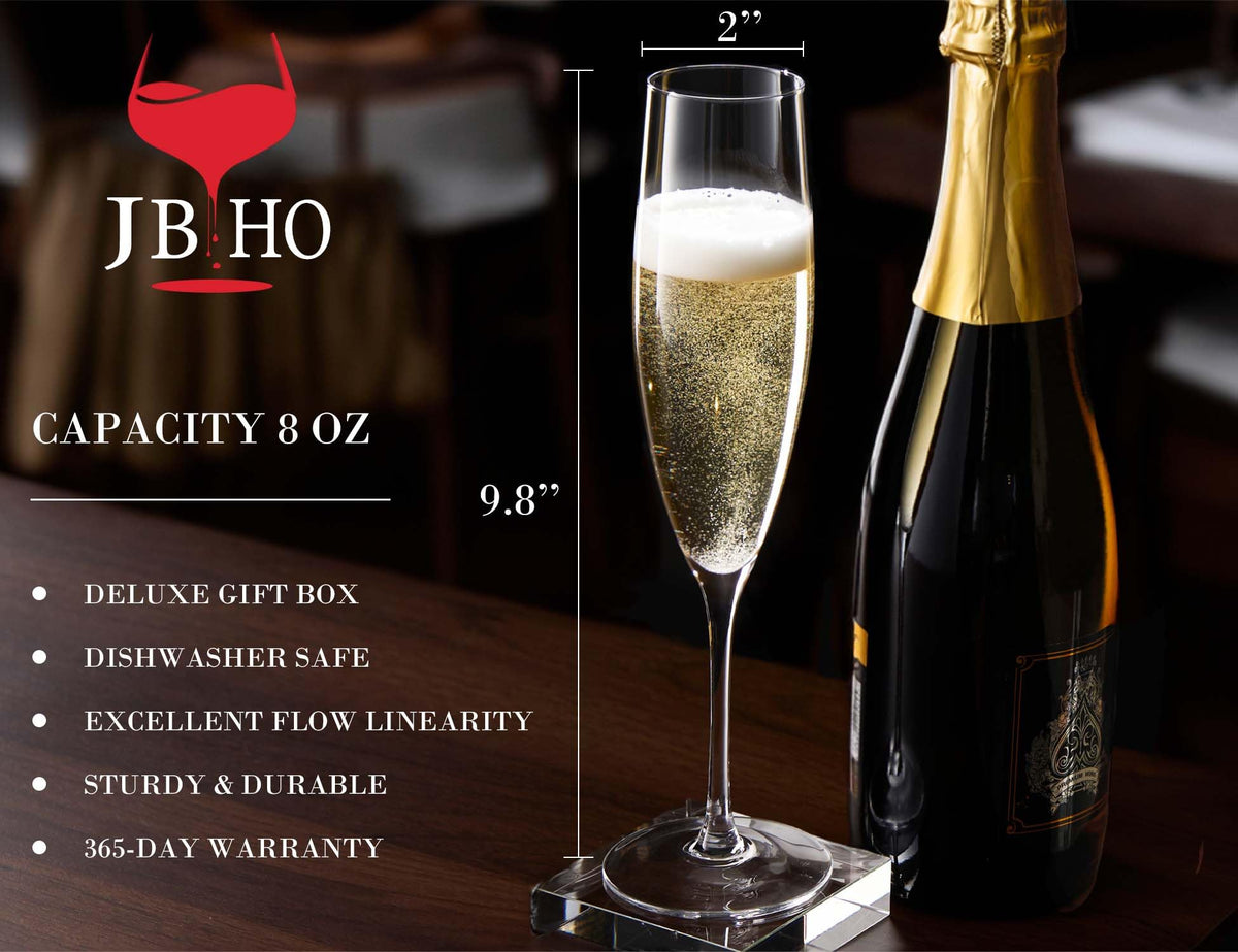 JBHO Champagne Glasses-Elegant Flutes-Gift-Box-Hand Blown Champagne Flutes Glass-100% Lead-Free Premium Crystal - Gift Idea for Wedding, Anniversary, Christmas,New Year-Set of 4-8oz, Clear