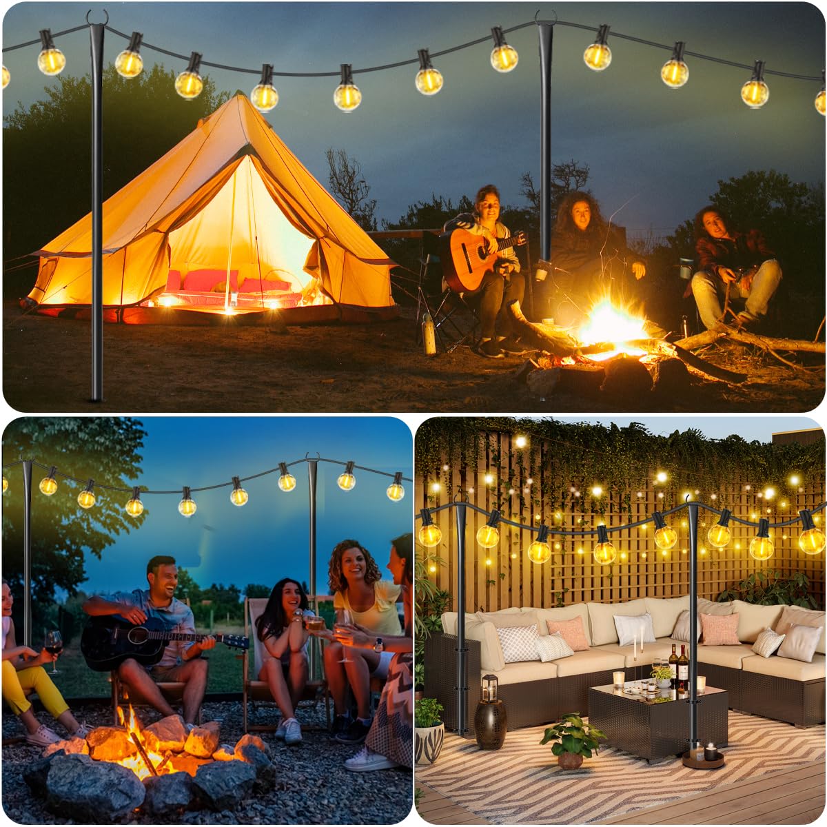 MuliVid 6 Pack 9FT String Light Poles for Outdoor,Metal Lights Hanging Pole Outside with Fork,Light Stand for Patio, Pergola, Garden, Backyard, Yard, Camping Party