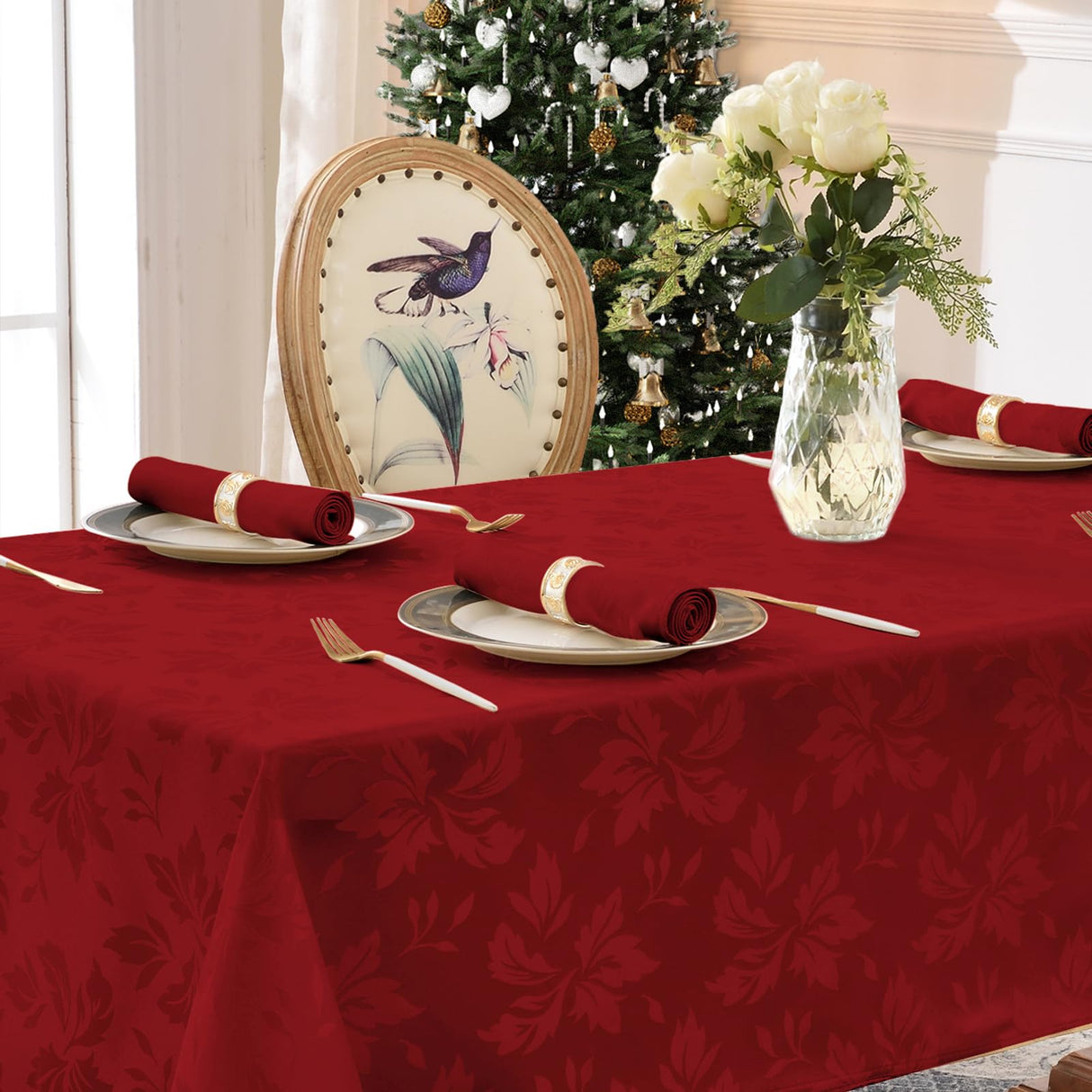 Romanstile Christmas Jacquard Rectangle Tablecloth - Winter Waterproof Damask Floral Decorative Table Cloths Heavy Weight Fabric Table Covers for Dinner/Parties/Holiday - 60 x 102 Inch, Red