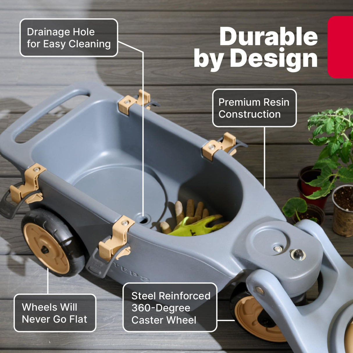 Step2 EverTough Garden Hopper Rolling Gardening Cart with Seat, Heavy-Duty Wheels, Tool Storage, Durable Resin Yard Wagon, Easy to Clean, 300 lb Capacity
