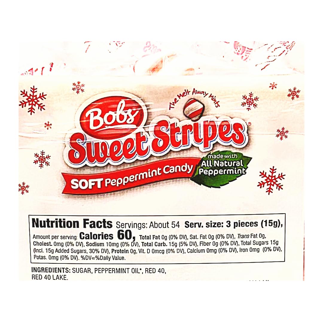 BobsSweet Stripes (1.8 Pound) Soft Peppermint Candy, Individually Wrapped Mint Candy, The Perfect Christmas Candy.
