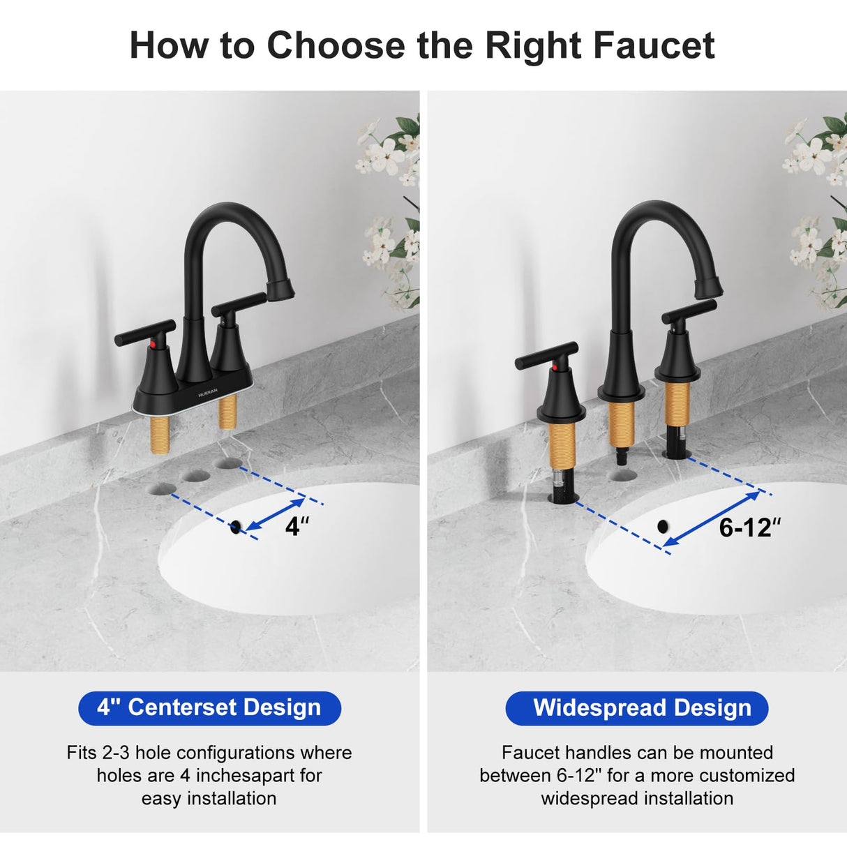 Bathroom Faucets for Sink 3 Hole, Hurran Matte Black Bathroom Sink Faucet with Pop-up Drain and Supply Lines, Stainless Steel Lead-Free Widespread Faucet for Vanity RV Farmhouse Sink