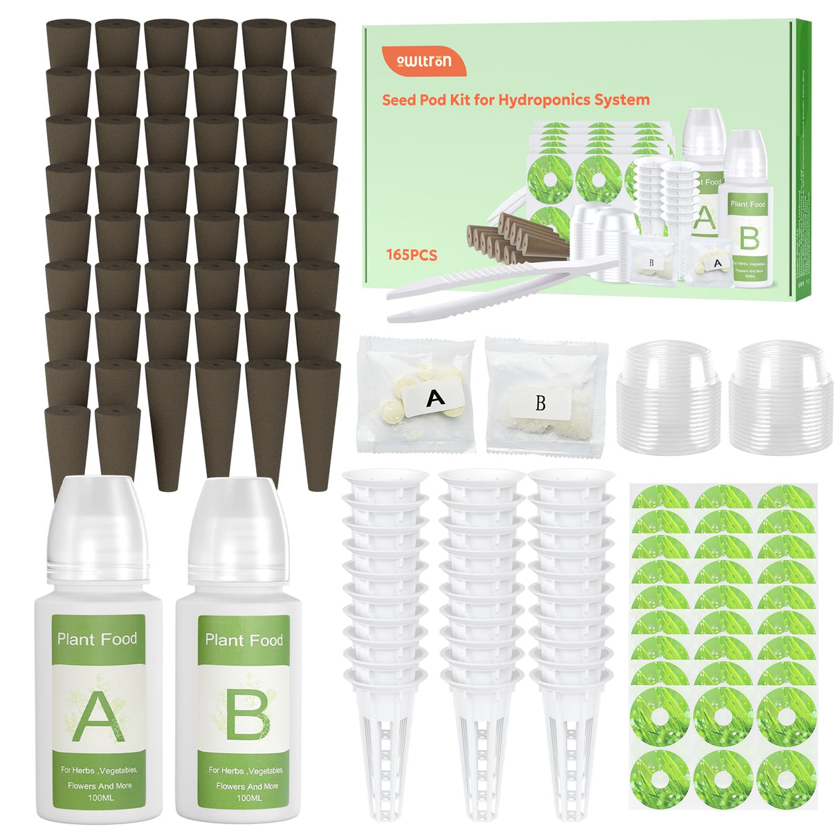 Owltron 165 Pcs Hydroponic Seed Pods Kits, Grow Anything Kit Pod for Indoor Herb Garden with 50 Sponges, 4 A&B Nutrient Plant Food, 30 Baskets, 50 Stickers, 30 Germination Domes, 1 Tweezer