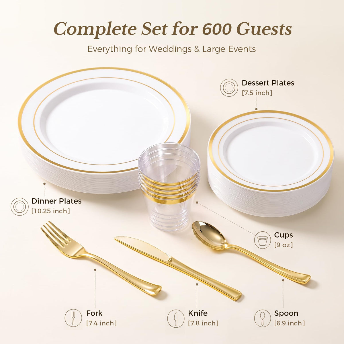 BESTVIP 600PCS Gold Dinnerware Set for 100 Guests,