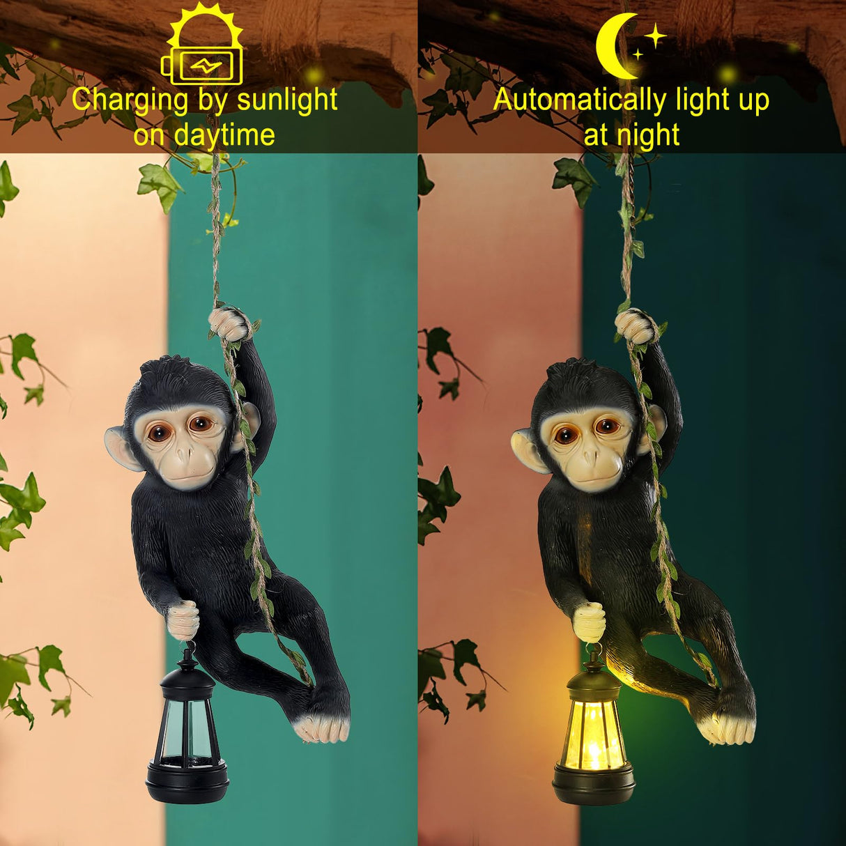 Rossesay Solar Light Outdoor Monkey Statues Black 13.78 Inch Resin Chimpanzee Baby Monkey Climbing on Vine with LED Lantern Waterproof Hanging Figurine with Hook for Yard Garden Wall