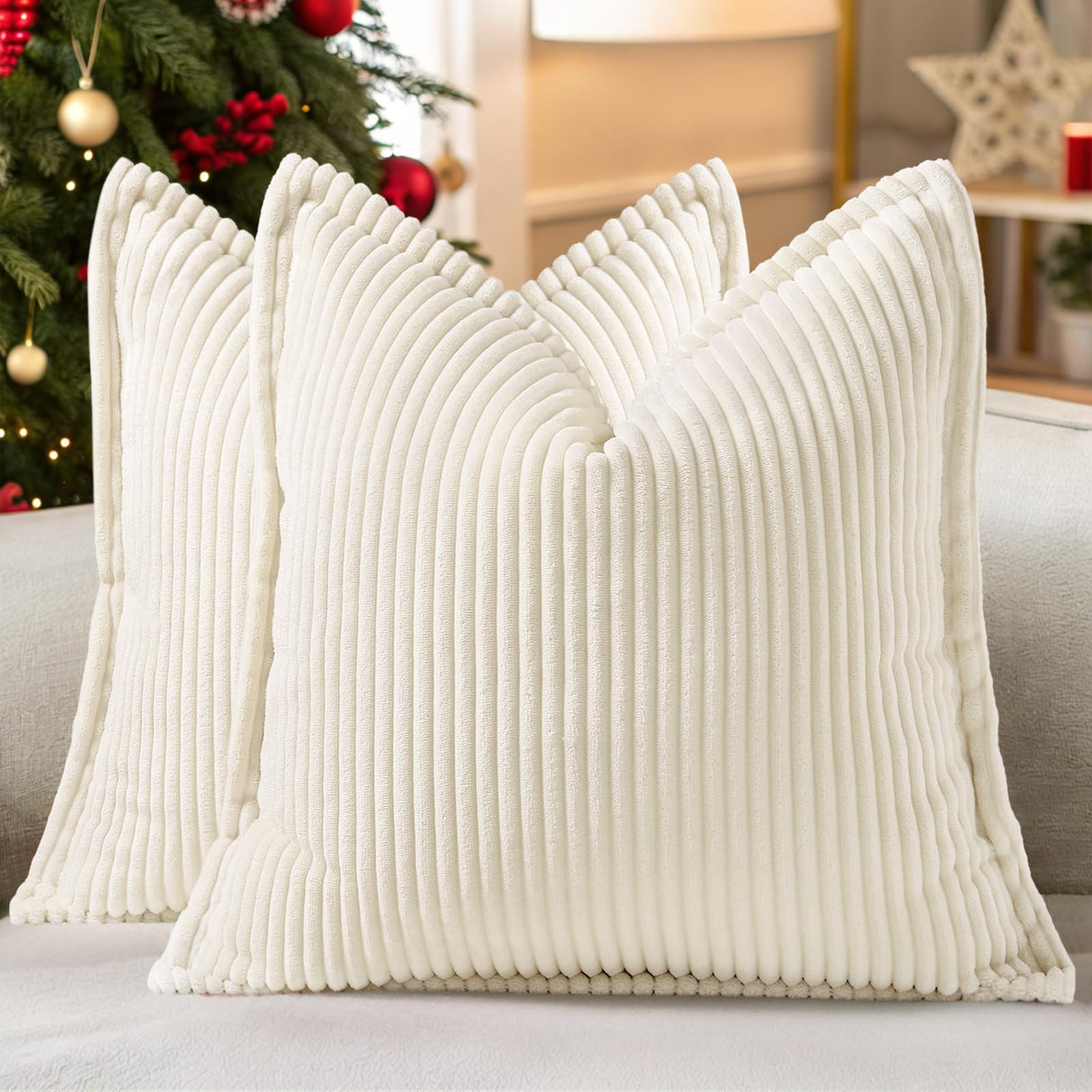 decorUhome Christmas Corduroy Cream White Throw Pillow Covers 22x22 Set of 2 Decorative Soft Boho Farmhouse Euro Couch Pillow Covers for Living Room Bed Sofa Broadside Striped Pillow Cases