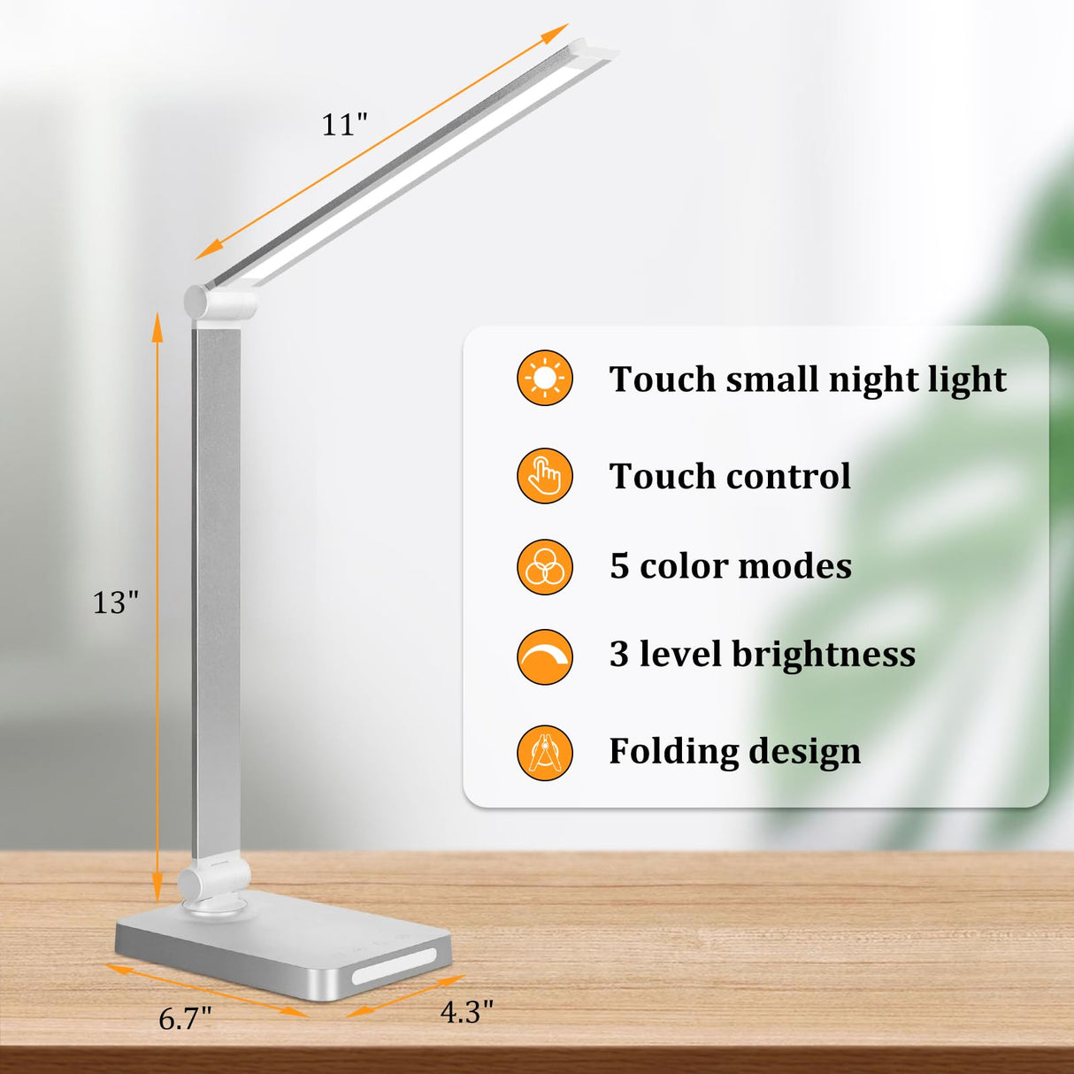 Dott Arts LED Desk Lamp with USB Ports,Touch Desk Lamps for Home Office with 5 Color Modes,3 Brightness Desk Light with Small Night Light,Reading Lamp Table LED Lamp for Bedroom Bedsid Study Sliver