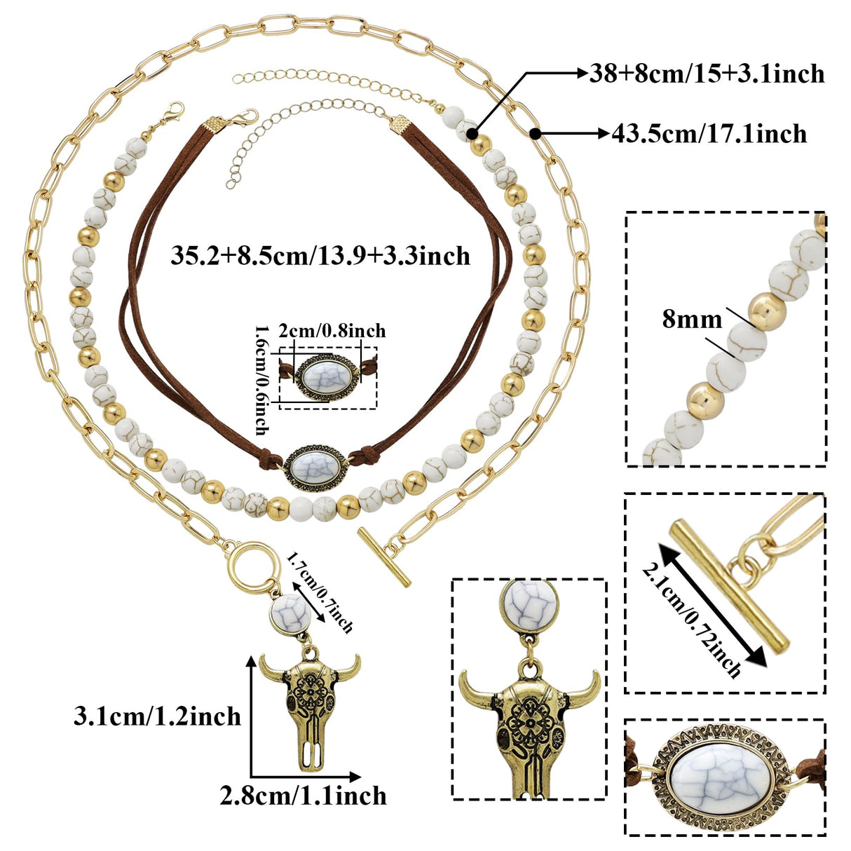 Fscwlmon 3 Pcs Layered Western Cowgirl Necklaces for Women Boho Turquoise Beaded Western Jewelry Rhinestone Cowboy Hat Boots Ox-Head Pendant Choker Paperclip Chain Cowboy Chic Country Accessory NTGJB