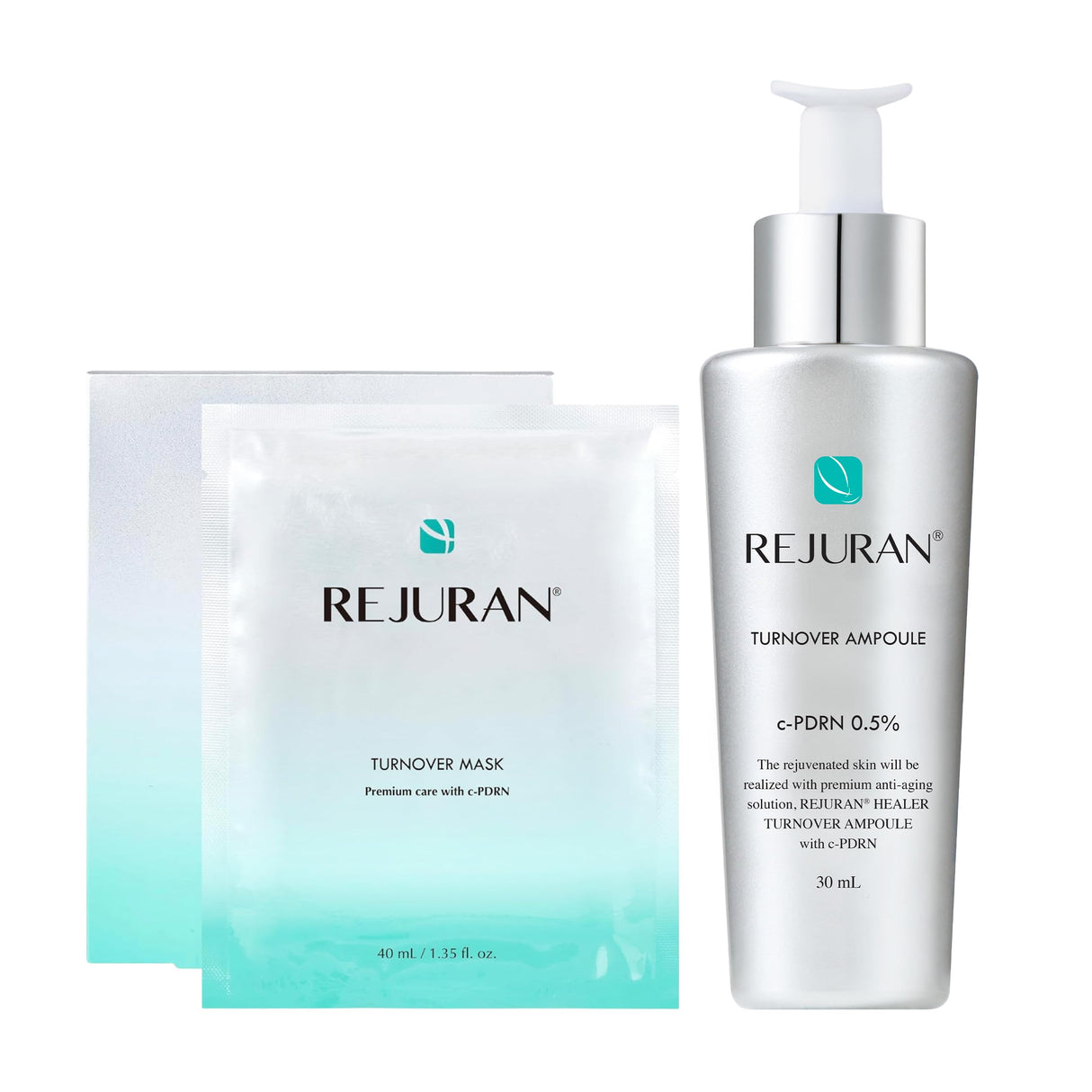 REJURAN® Turnover Ampoule 1.01 fl oz & Turnover Mask 5-Pack - c-PDRN® - Anti-Aging Face Serum Firmness, Radiance - Skin Repair, Firming Deeply Nourishing Ultra Microfiber Sheet Mask Korean Skin Care