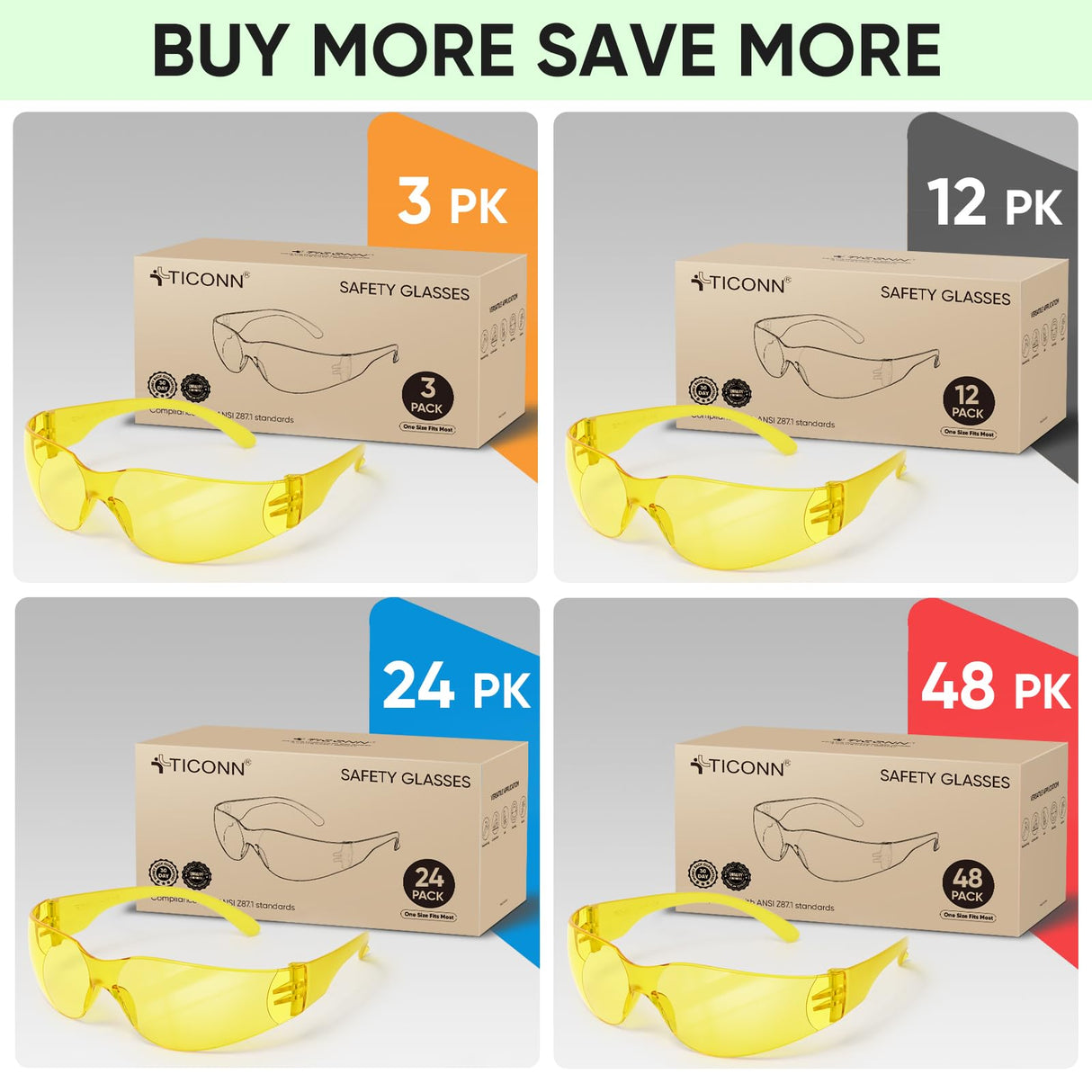 TICONN Clear Safety Glasses for Men and Women, Safety Goggles with Scratch Impact Resistant Meets ANSI Z87.1 Standard (Yellow, 120 Pack)