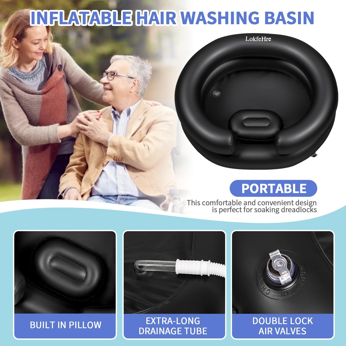 LOKFEHRE Large Portable Inflatable Hair Washing Basin for Bedridden - Wash Hair in Bed with Inflatable Shampoo Bowl.For Elderly,Disabled,Injured,Ideal Inflatable Sink for Locs Detox (Black)