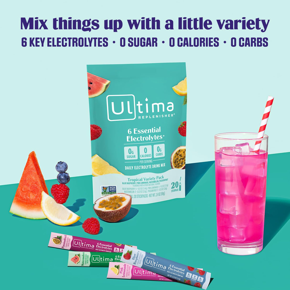 Ultima Replenisher Daily Electrolyte Powder Drink Mix – Sugar Free – Tropical Variety, 20 Stickpacks – Hydration Packets with 6 Electrolytes and Minerals – Keto Friendly, Non-GMO