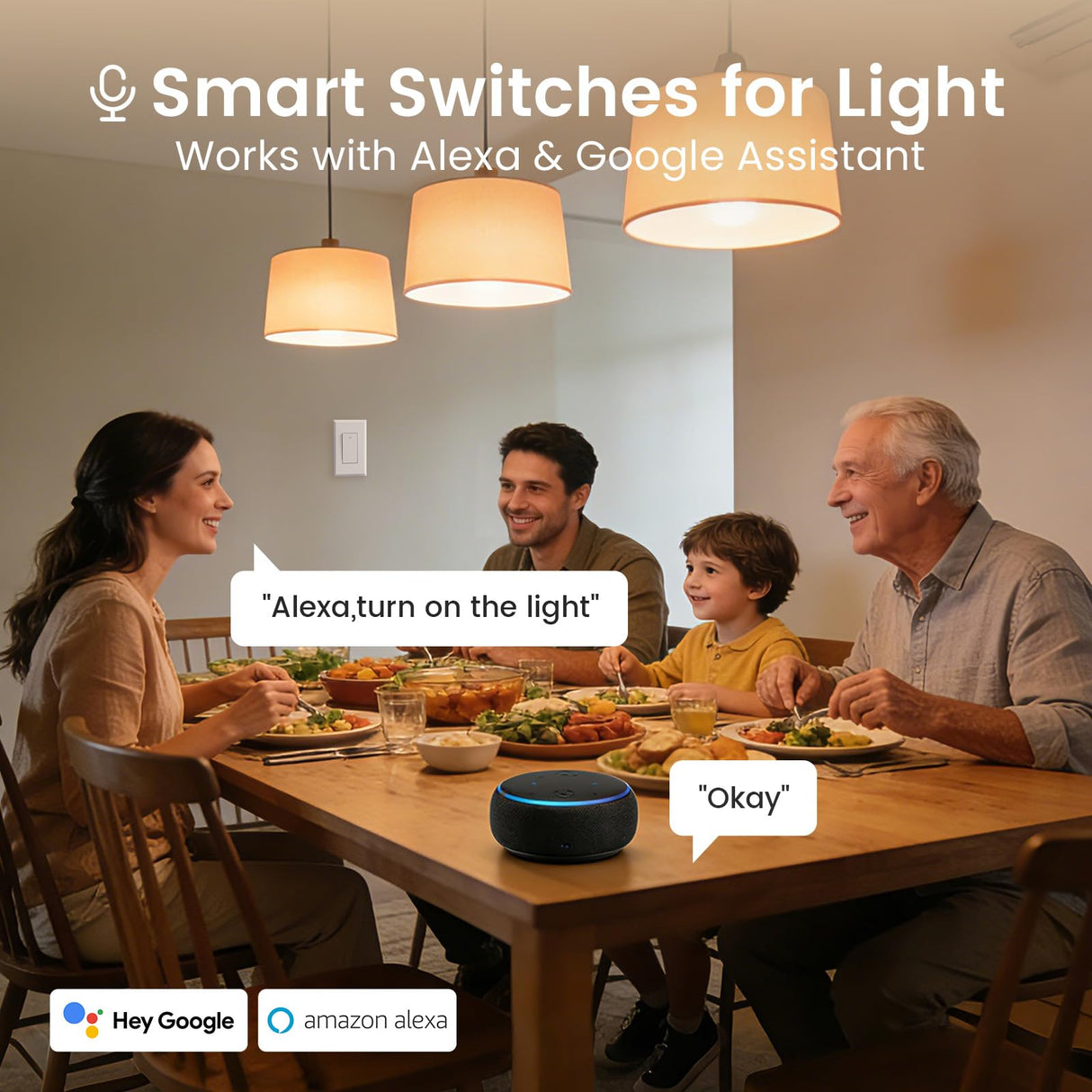 GHome Smart Switches for Lights, WiFi Smart Light Switch Works with Alexa and Google Home, Neutral Wire Required, 2.4Ghz WiFi Light Switch with APP Control, Single Pole Smart Switch, 3