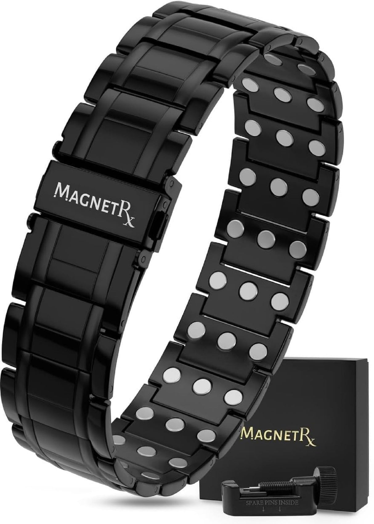 MagnetRX® 3X Strength Magnetic Bracelets for Men – Effective Titanium Mens Magnetic Bracelet – Premium Fold–over Clasp & Adjustable Length with Sizing Tool & Gift Box (Black)