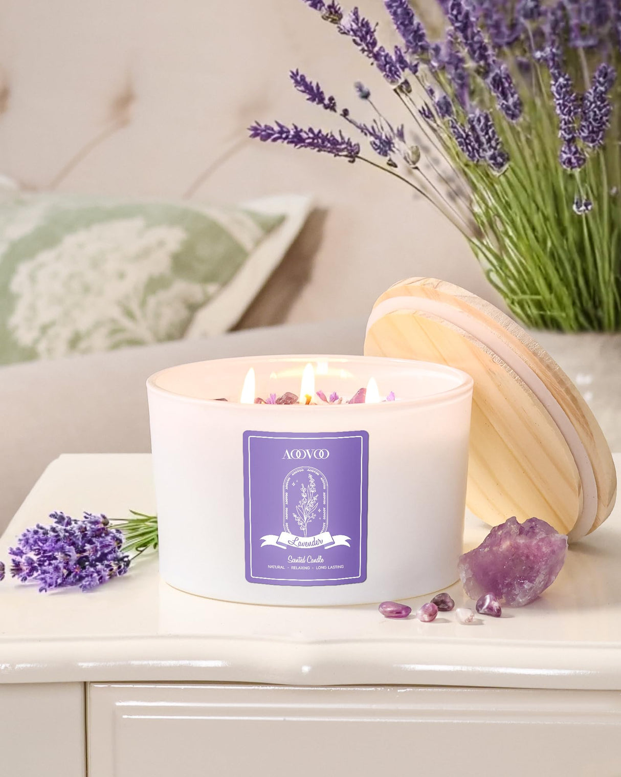 AOOVOO Lavender Scented Candles for Women - 20oz 3 Wick Soy Candles for Home Scented, Aromatherapy Candle with Crystals Inside, Birthday Gifts Christmas Candle for Women Mom