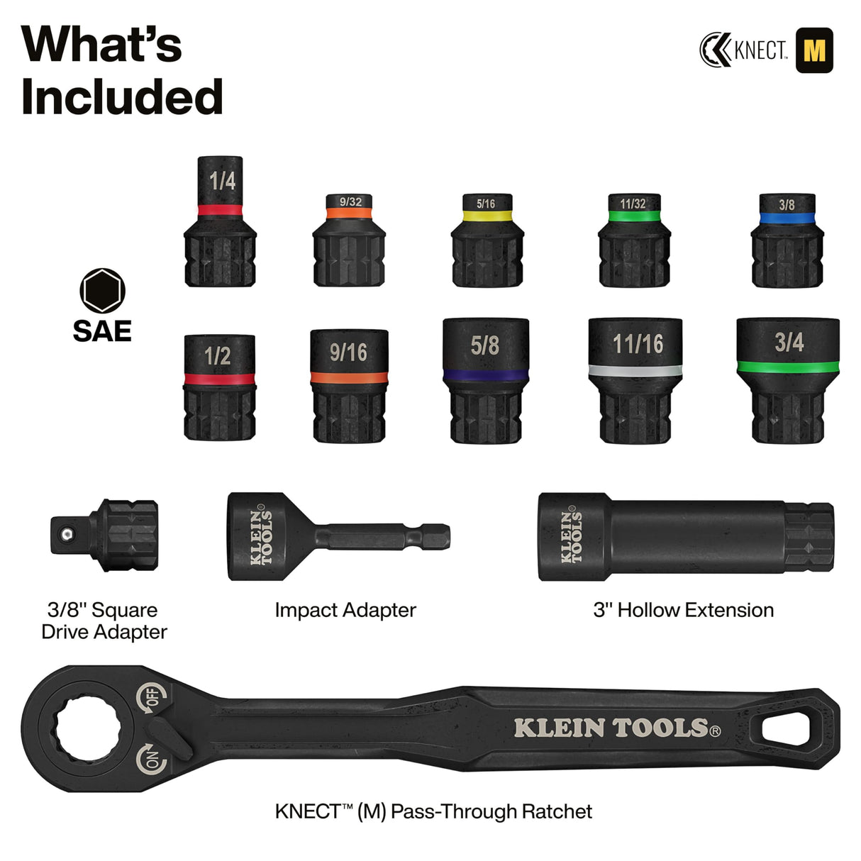 Klein Tools 65400 KNECT 15-Piece Pass Through Socket Set, SAE Impact Set with MODbox Case, Sockets, Bits, Accessories and 3/8-Inch Drive Adapter