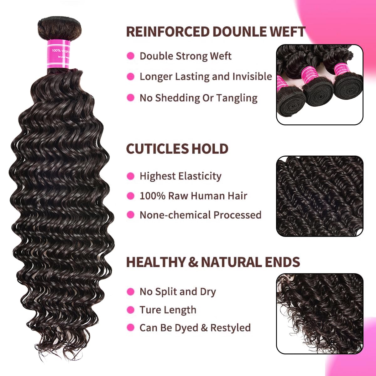 Deep Wave Bundles Human Hair Brazilian 3 Bundles Human Hair Weave Bundles 22 24 26 Inch 100% Unprocessed Virgin Human Hair Curly Bundles Double Weft Wet and Wavy Bundels Human Hair for Black Women