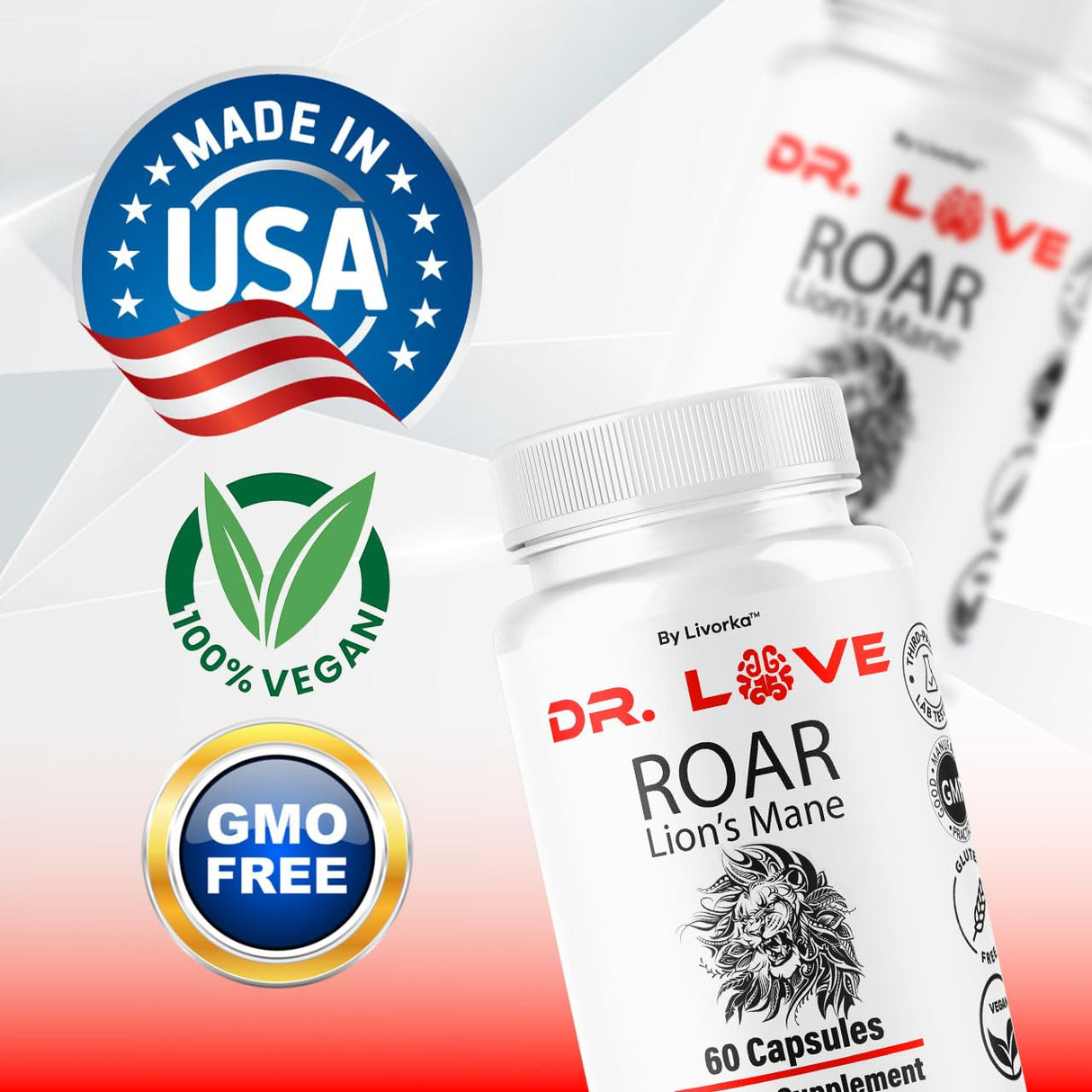 (2 Pack) Dr. Love Roar Lions Mane Supplement Capsules, Dr. Love Roar Lion’s Mane Plus Brain and Focus Premium Advanced Formula, Doctor Love All Natural Support Pills, 120 Capsules for 2 Months
