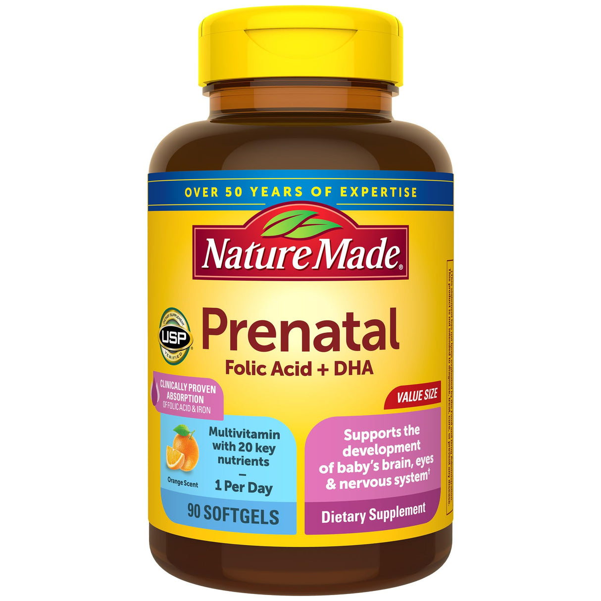 Nature Made Prenatal with Folic Acid + DHA, Prenatal Vitamin and Mineral Supplement for Daily Nutritional Support, 90 Softgels, 90 Day Supply