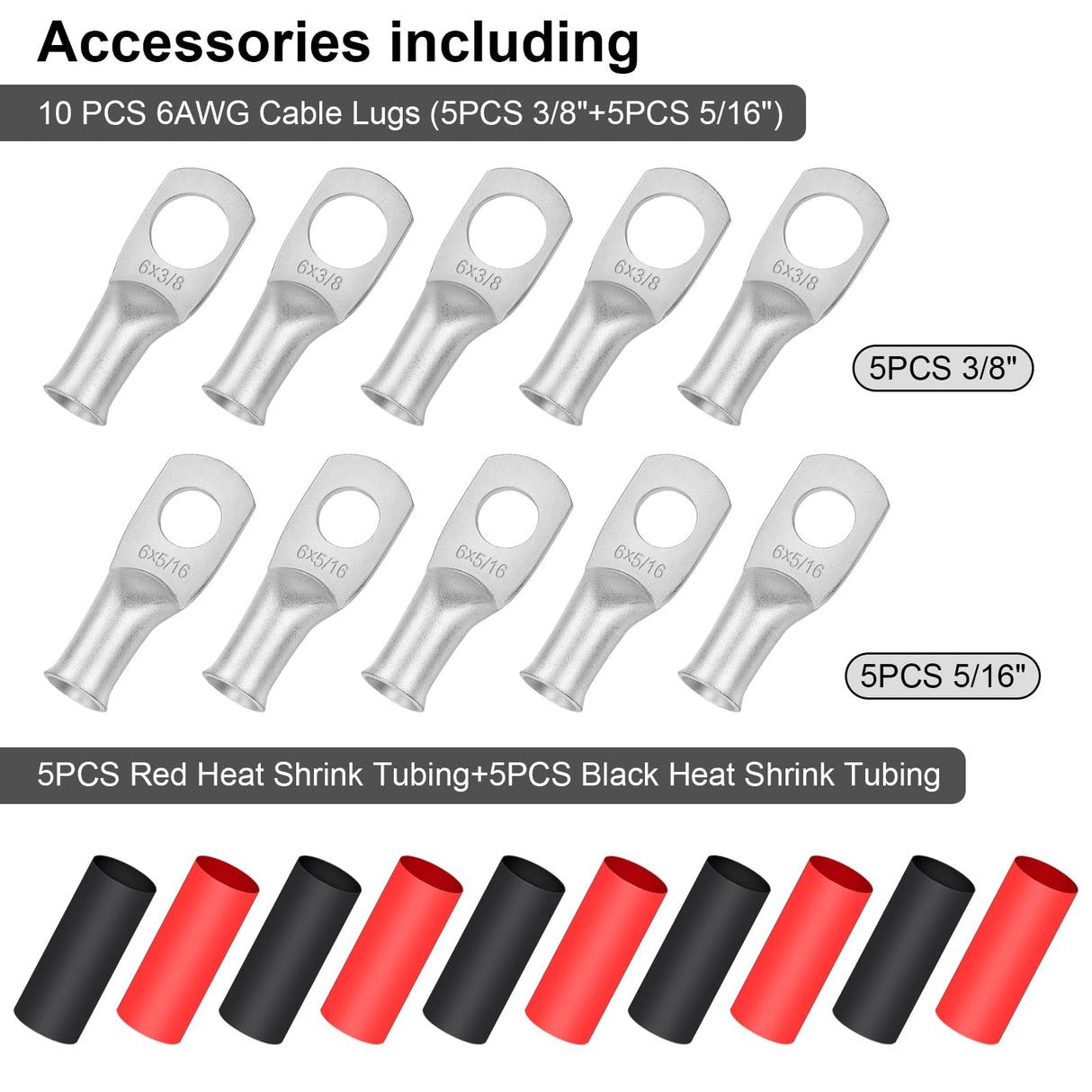 iGreely 6 Gauge 6 AWG Wire 10 Feet Black + 10 Feet Red Ultra Flexible Welding Battery Pure Copper Cable + 5pcs of 5/16" & 5pcs 3/8" Copper Cable Lug Terminal Connectors+Heat Shrink Tubing