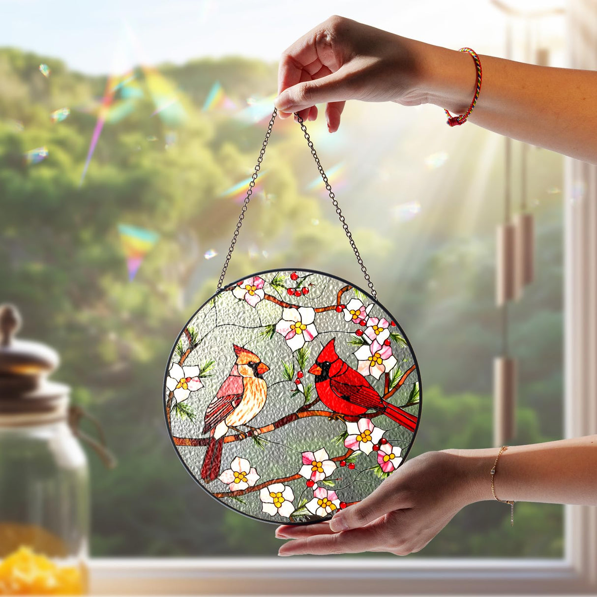 7.8" Cardinal Stained Glass Suncatcher, Cardinal Suncatcher Red Bird Window Hanging, Sun Catcher Red Birds for Window, Cardinals Gifts for Women, Mom, Memorial Gift for Father, Dad BIRD-22B-SG8
