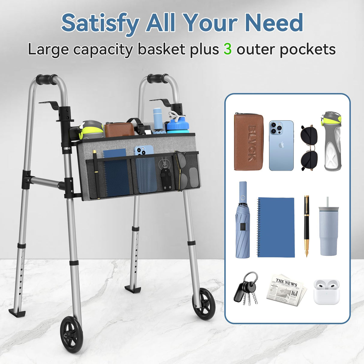 FSA/HSA Eligible Folding Walker with Large Basket and 2 Glide Skis, 5" Wheels Lightweight Walkers for Seniors and Adults, Supports Up to 350 Pounds, Adjustable Height, Compact Standard Walker