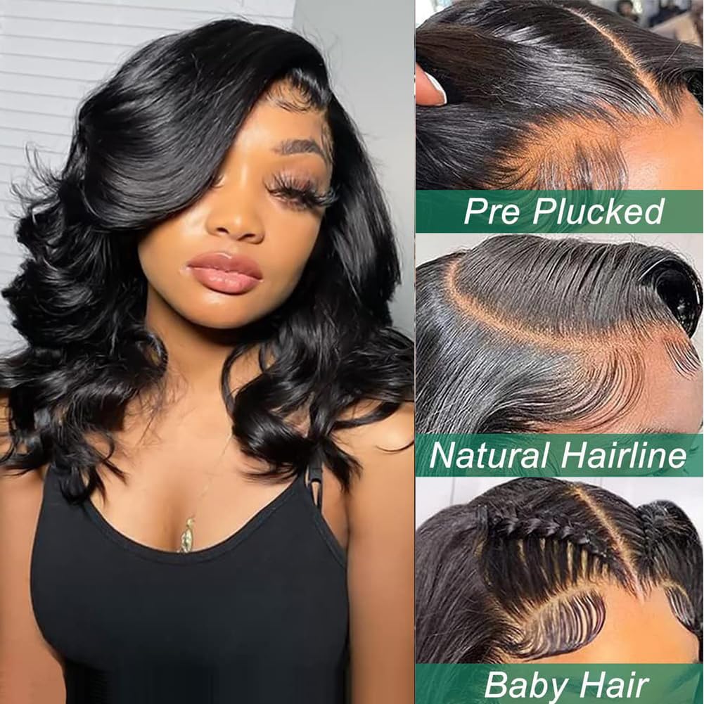 Douyin Bob Wig Human Hair 13x4 Frontal Lace Wig Body Wave HD Lace Front Wigs Human Hair Pre Plucked Glueless Bob Wigs for Women (16 inch, Natural Black)