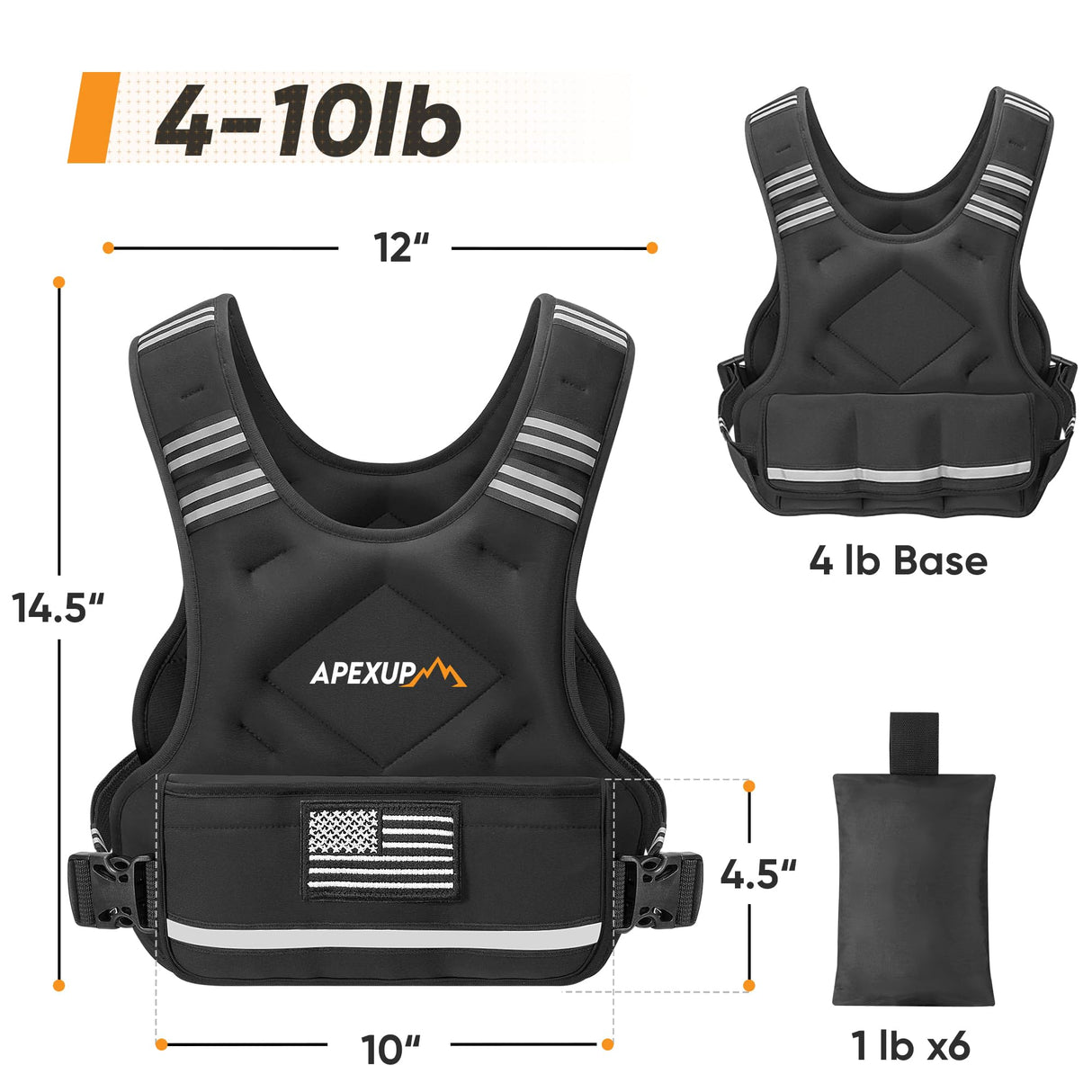 APEXUP Adjustable Weighted Vest, 4-10lb/12-18lb/20-32lb Vest with 6 Ironsand Weights and Large Pocket, Weight Vest for Men Women Strength Training, Running, Walking (4-10lb, Black)