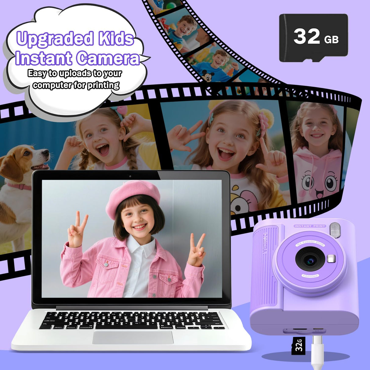 Upgrade Kids Camera Instant Print for Ages 3-12, Portable Instant Print Camera with HD Digital Video, Perfect Christmas Birthday Gift for Boys & Girls, Includes 32GB SD Card - Purple