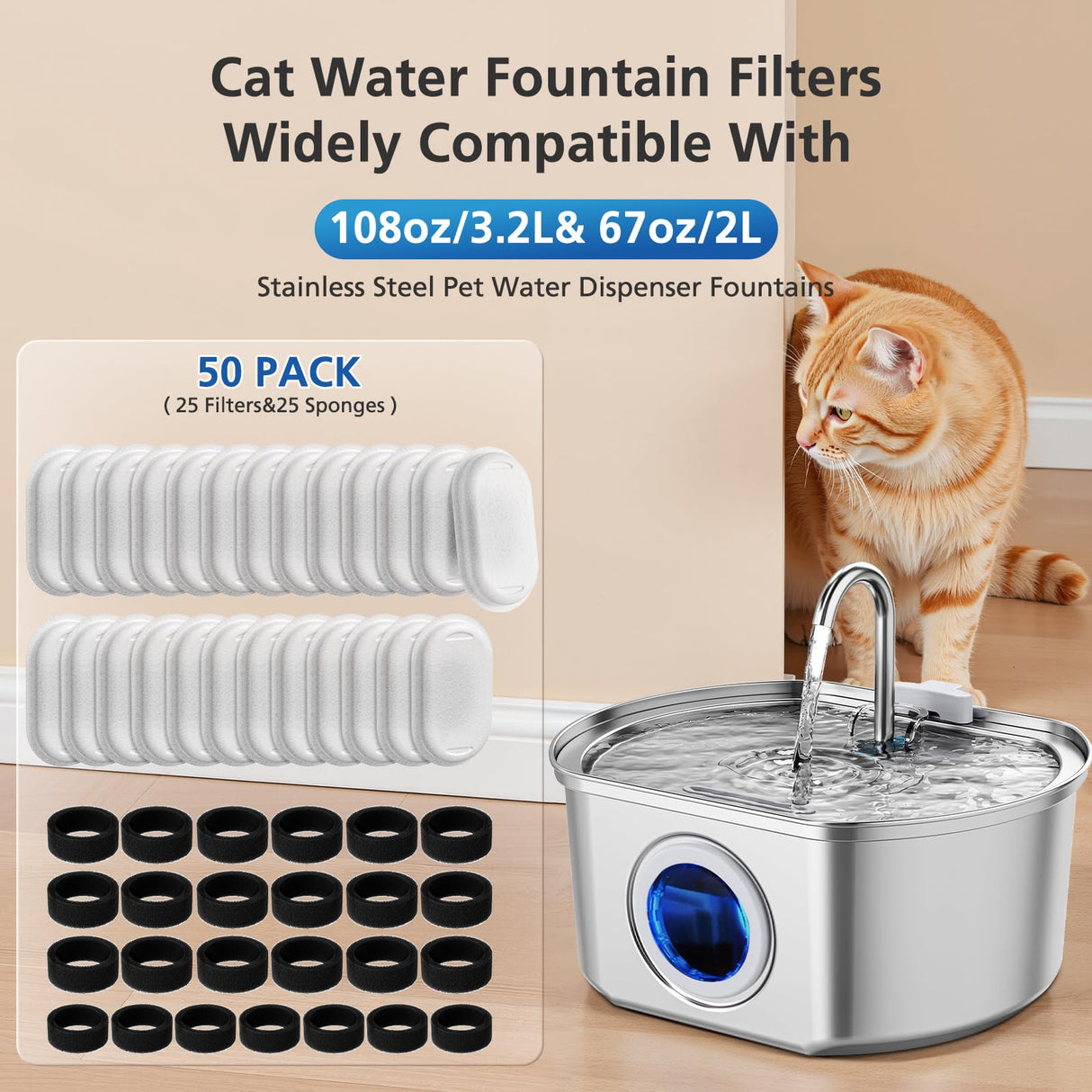 50 Pack Cat Water Fountain Filters for 108/3.2L& 67oz/2L& 4L/135oz Stainless Steel Pet Water Dispenser Cat/Dog Fountain Filter Replacement(25 Filters & 25 Sponges)