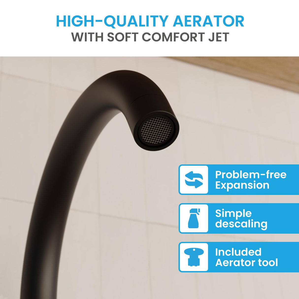 Bächlein Kitchen Faucet Matt Black - Sink Tap with 360° Swivel Spout, Modern Water Tap