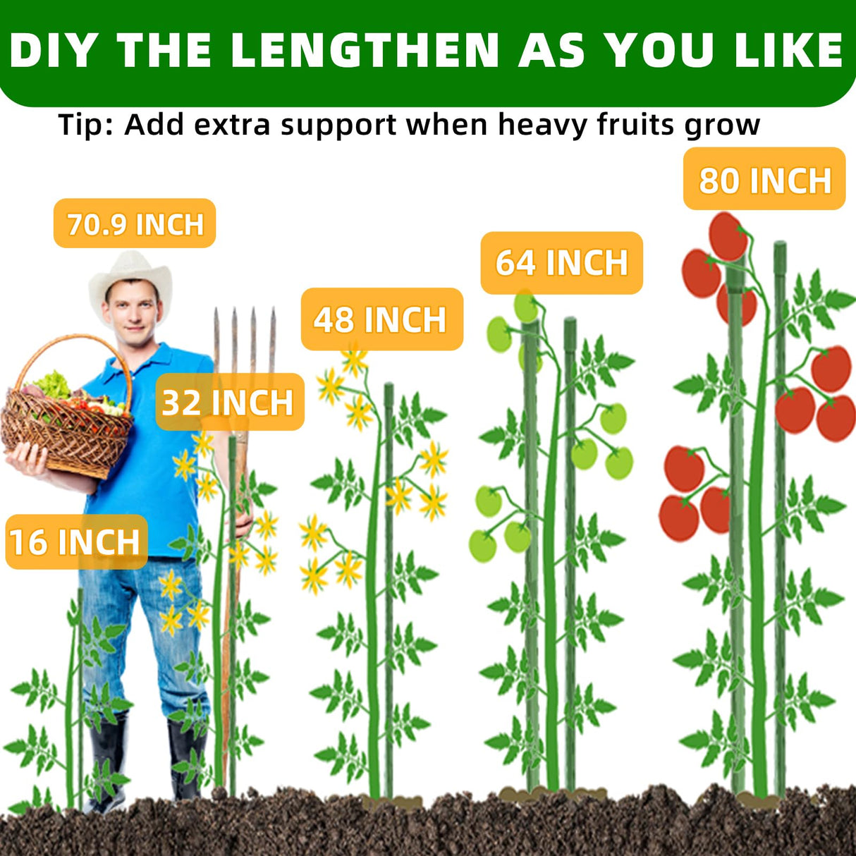 Fabulas Garden Stakes 16 Inch 30 Pack, Diy 4ft 5ft 6ft 7ft 8ft Tomato Stakes Plastic Coated Metal Plant Sticks Stakes Supports with 20 Connectors 15 Rotatable Clips for Indoor Outdoor Plants Vegetable
