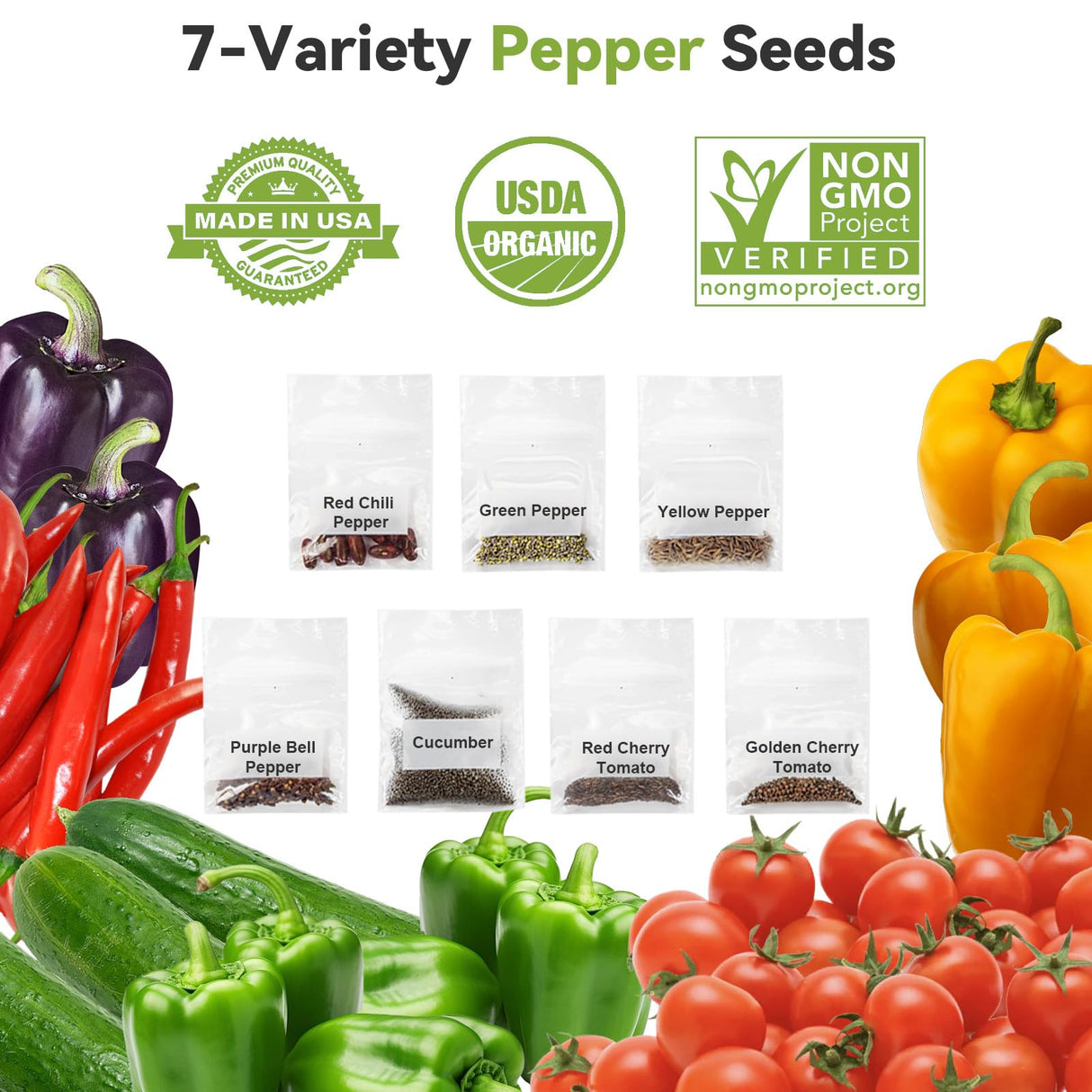 inbloom 12-Pod Pepper Seed Pod Kit for AeroGarden, iDOO, Ahopegarden Hydroponic Growing System, Include Cucumber, Red&Golden Tomato, Red Chili Pepper, Green&Yellow Pepper, Purple Pepper, 400+ Seeds