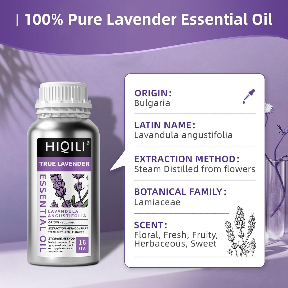 HIQILI 16 Ounces Lavender Essential Oil Pure, 100% Natural for Aromatherapy Diffuser, Skin Care, Hair, Includes Premium Glass Dropper-16 Fl Oz