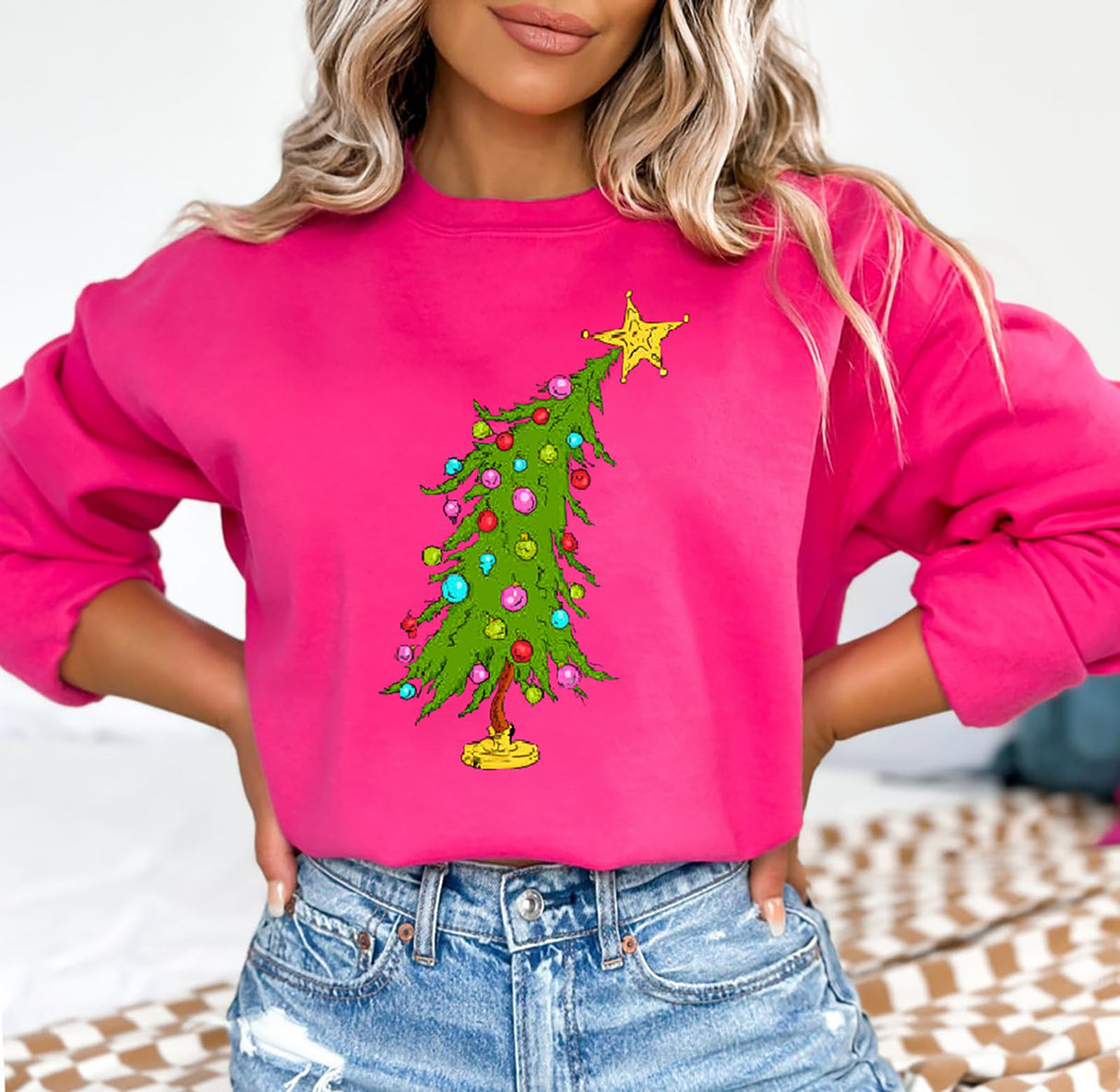 APRFLOWER Christmas Sweatshirts for Women Cute Christmas Tree Graphic Long Sleeve Shirt Xmas Holiday Party Pullover Blouse Rose