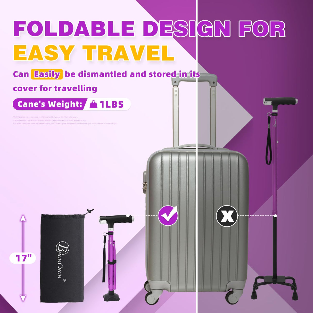 BeneCane Walking Cane for Women Folding Cane for Men with Two Led Lights Quad Cane with Stable Base Lightweight and Adjustable Walking Stick