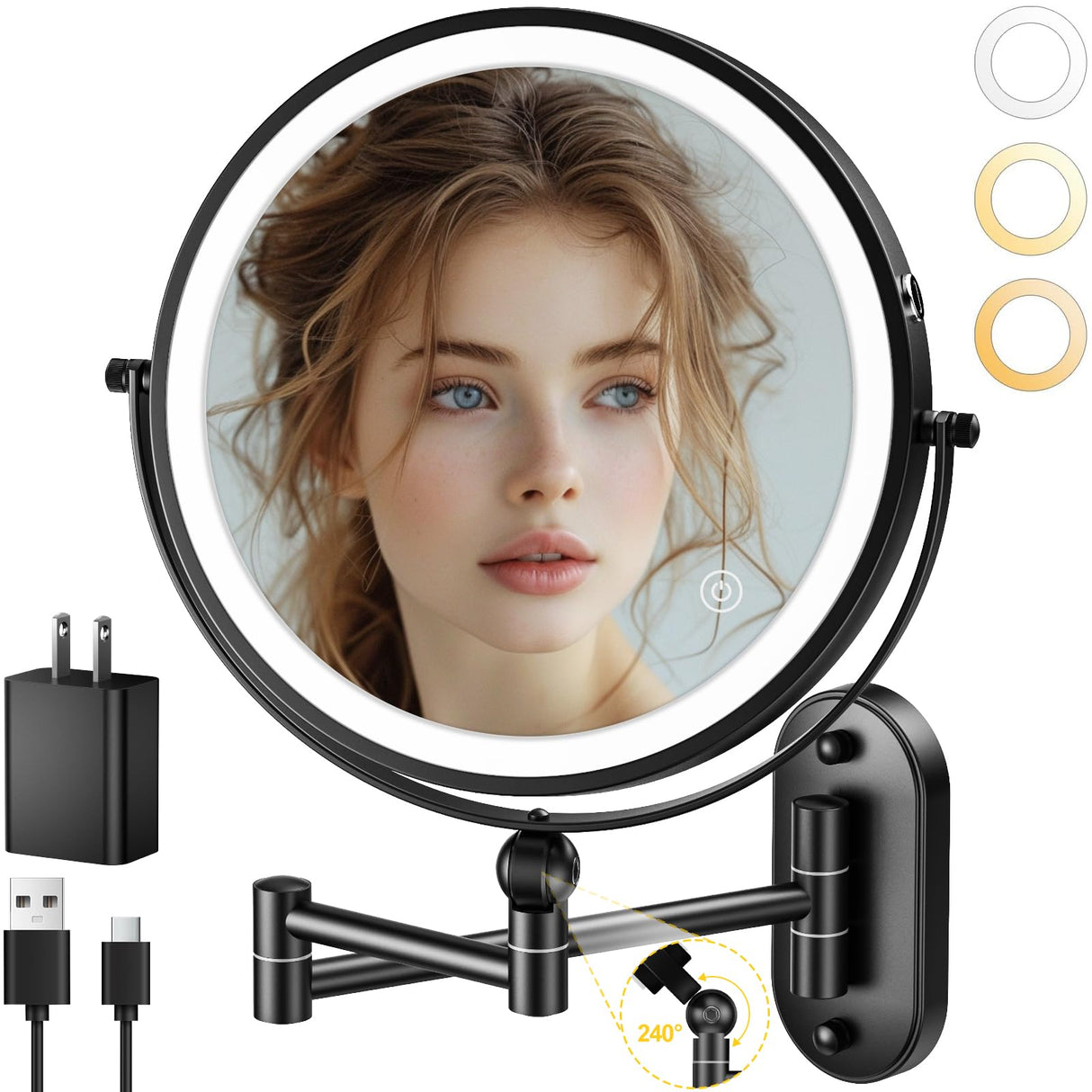 IMIKONA 9" Wall Mounted Lighted Makeup Mirror,4000mAh Rechargeable Double Sided 1X/10X Magnifying Mirror with Light,3 Color Lights,Touch Dimmable,Extended Arm 360 Rotation Wall Mounted Makeup Mirror